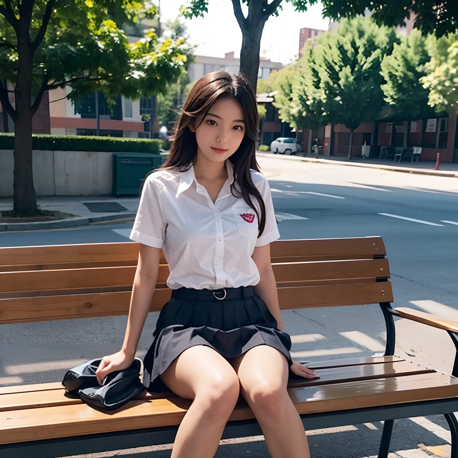 Girl masterbating in school, on a bench