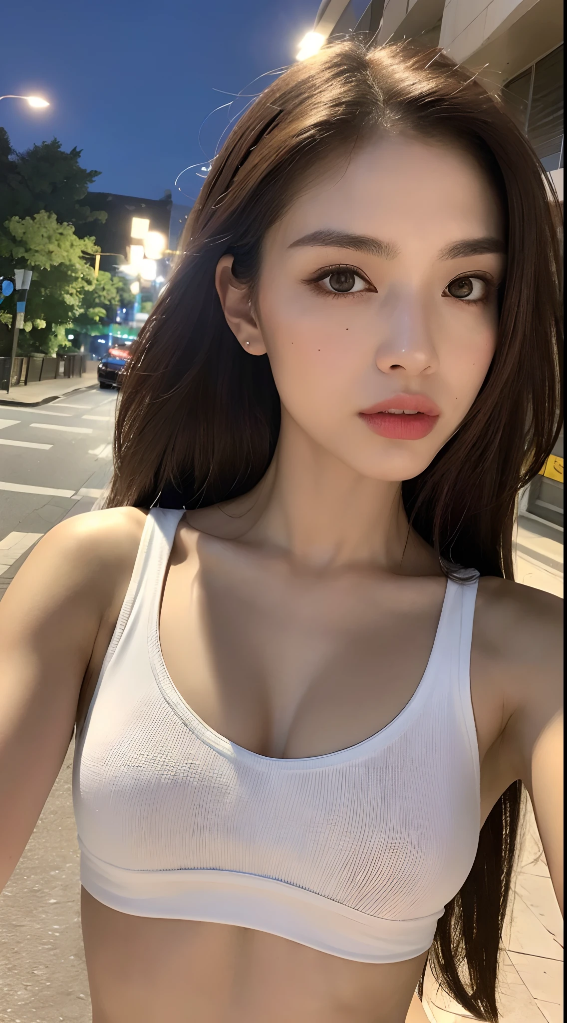 ((Realistic Lighting, Top Quality, 8K, Masterpiece: 1.3)), Clear Focus: 1.2, 1 Girl, Perfect Figure: 1.4, Slim Abs: 1.1, (((Dark Brown Hair)), (White Crop Top: 1.4), (Outdoor, Night: 1.1), Street, Ultra Slender Face, Narrow Eyes, Double Eyelids, Swimsuit
