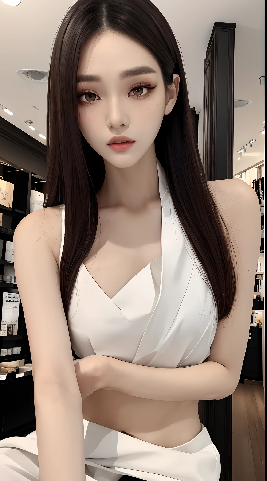 masterpiece、top-quality)、1 beutiful girl、Slim body、(Black and white plain clothes:1.1)、(Detailed beautiful eyes)、Inside the store、((Brown Shorthair))、((Smaller face))、tall、((Light brown eyes))、((Korean Girl))、((cool lady))、((Wild look))、((Korean Makeup))、((elongated and sharp eyes))、((Dating))、((looking distantly))、((boyish))