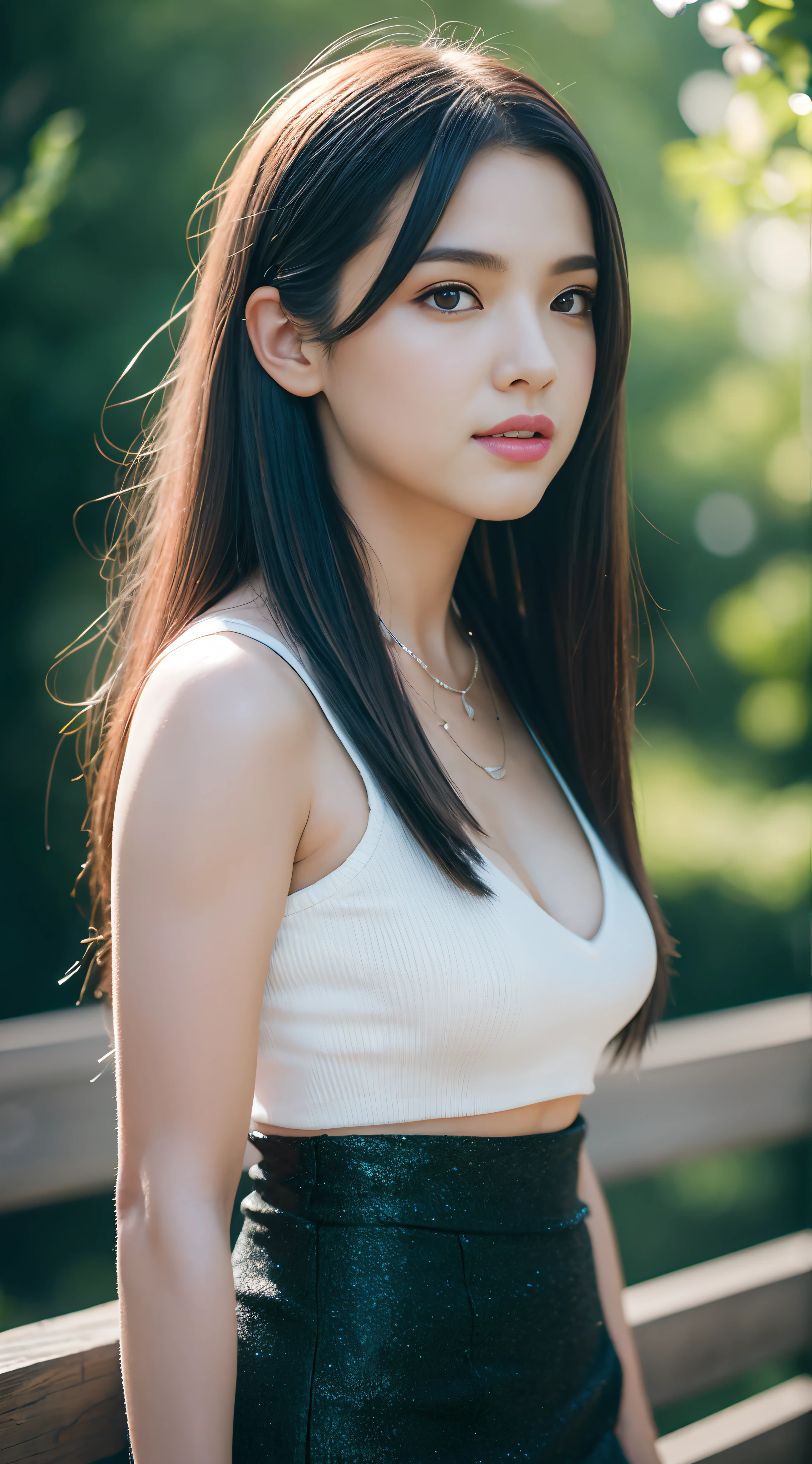1 girl, Best Quality, Masterpiece, High Resolution, [Purple|sliver|Green] _Hair, Black Mini Skirt, hair accessory, necklace, Jewelry, beatiful face, looking forward, full body view, Realistic, En plein air, Modern Square, duotone lighting, (high-detailed skin: 1.2), 8K UHD, dslr, soft light, hiquality, surround light, candid, photo, High Resolution, 4k, 8K, background blur