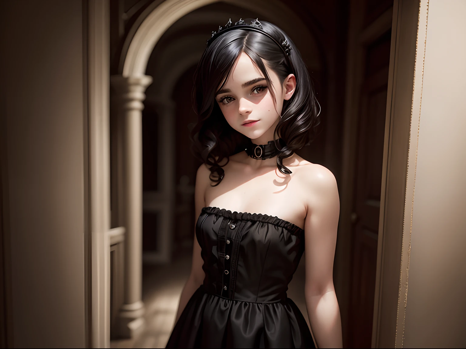 tween Emma Watson wearing a black gothic strapless playsuit in a creepy room, small bust, small chest, cute smile, black hair accessories, black makeup, black lips, black collar, black hair.