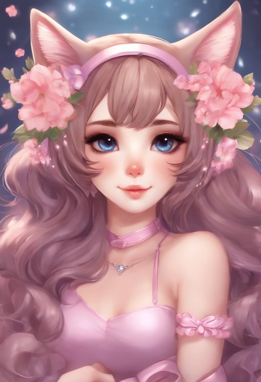 1girl, naked, animal ears, purple eyes, brown hair, wings, solo, long hair, blush, cat ears, flowers, looking at viewer, braids, bows, dresses, pink flowers, bows, hair accessories, bangs, cats, hair flower, animal ear hair, holding, virtual youtuber, blue bow, holding animal, catwoman, stuffed toy