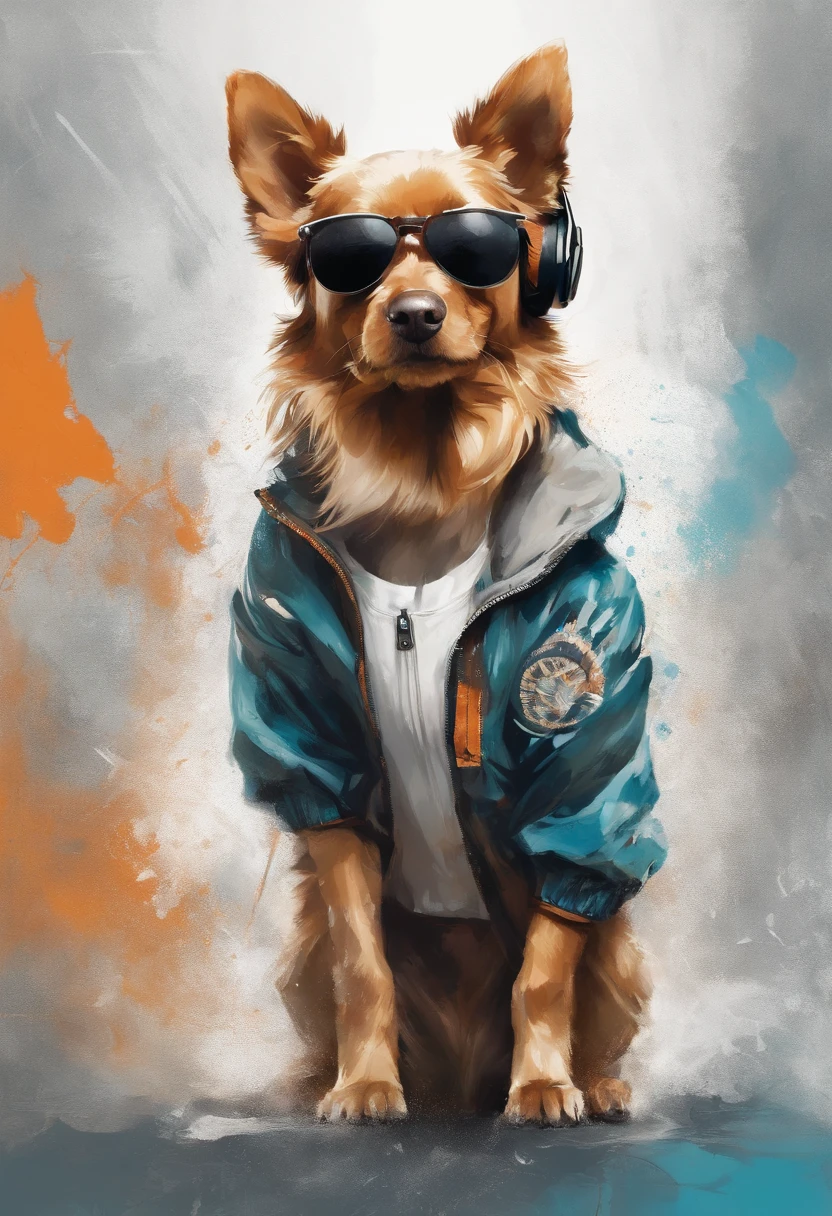 Perfect centering, dog yorkshire, Wear a student team jacket, Wearing sunglasses, Wearing headphones, cheerfulness, Standing position, Abstract beauty, Centered, Looking at the camera, Facing the camera, nearing perfection, Dynamic, Highly detailed, smooth, Sharp focus, 8K, high definition resolution, illustration, Art by Carne Griffiths and Wadim Kashin, White background