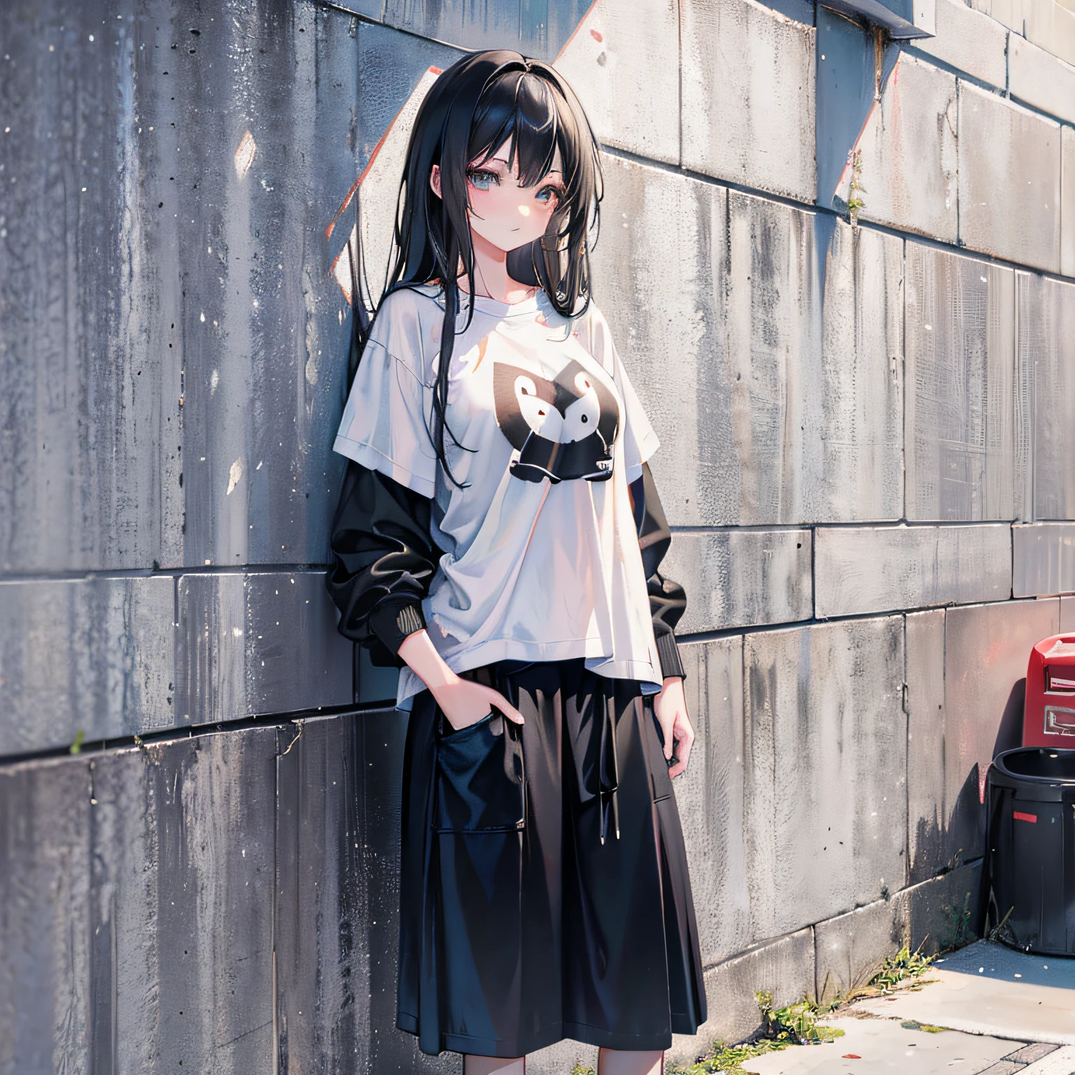 (Realistic painting style:1.0), Masterpiece, Best quality, absurderes, comic strip, illustration,
1 girl, long hair, black hair, Cute girl, young and cute girl, korean girl, {breasts},
a girl leaning against a wall, with her hands on her hips, simple style, simple clothes, with ripped crop t-shirt, casual clothes