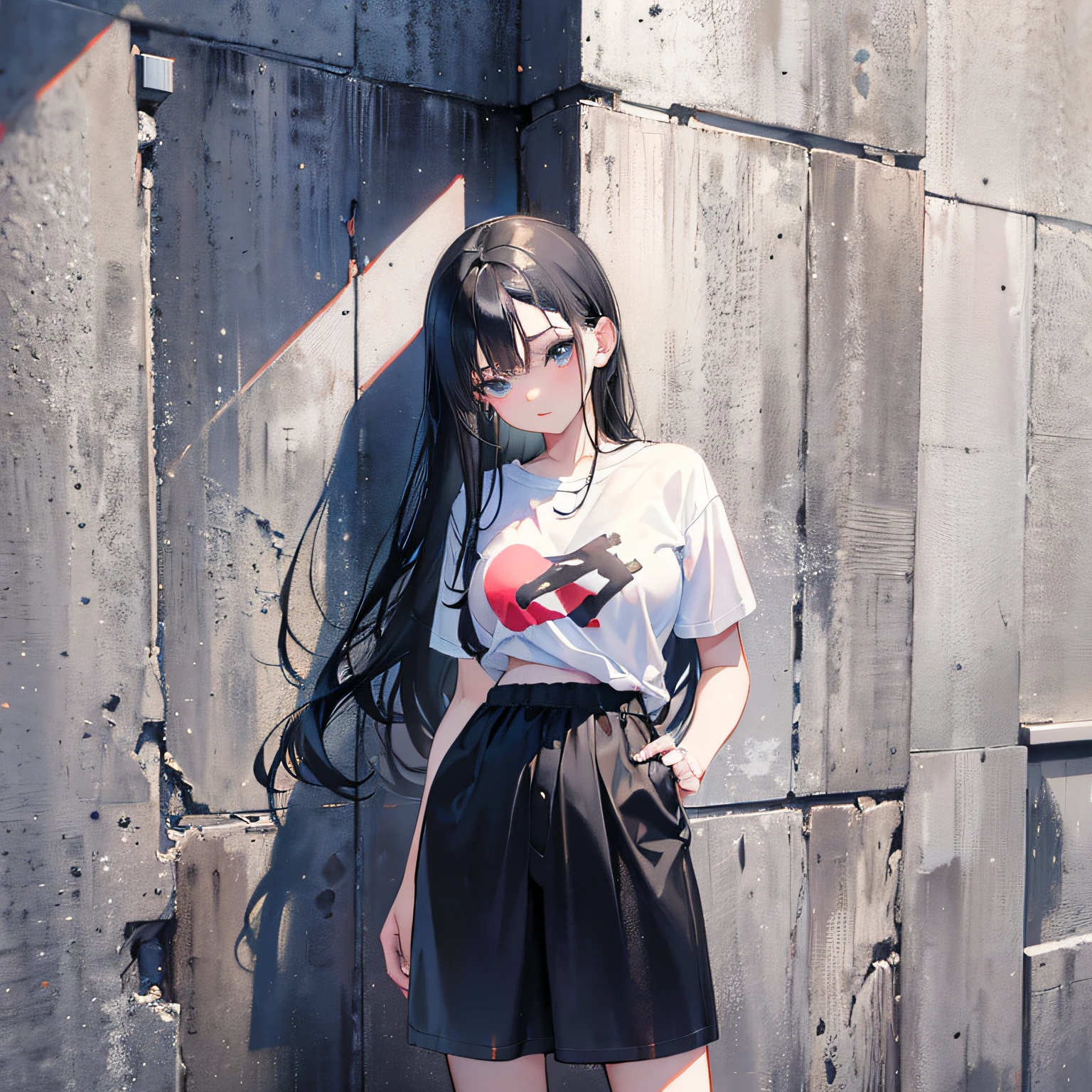 (Realistic painting style:1.0), Masterpiece, Best quality, absurderes, comic strip, illustration,
1 girl, long hair, black hair, Cute girl, young and cute girl, korean girl, {breasts},
a girl leaning against a wall, with her hands on her hips, simple style, simple clothes, with ripped crop t-shirt, casual clothes