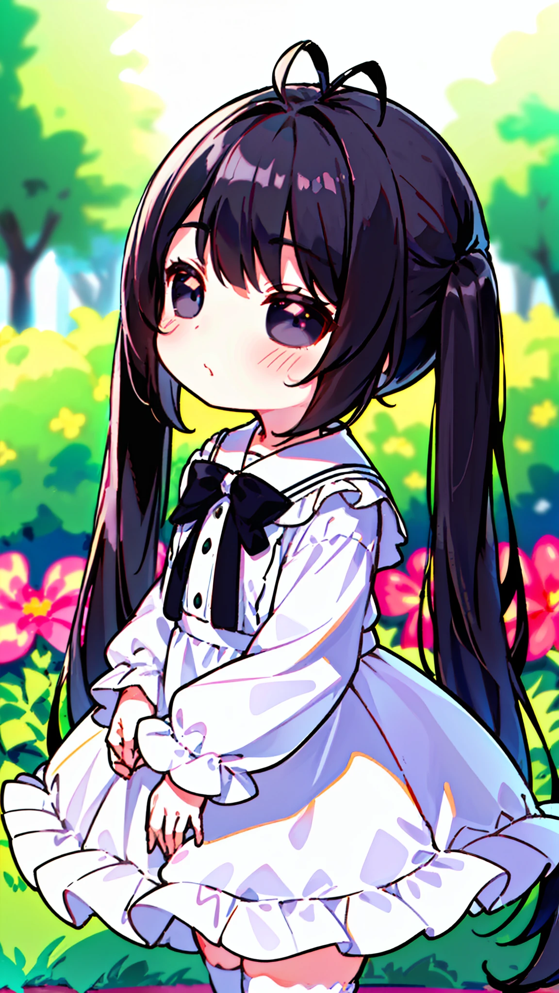 (Original Character,8k, Masterpiece, Best Quality,Detailed, Beautiful Detailed Eyes, solo),((1loli girl,4 )),small,white outfit,black hair,long hair,(((hair 2antenna))),black eyes,black sclera,twintails,loli,solo,cute,(standing in a garden in night),shy,blush,cowboy shot