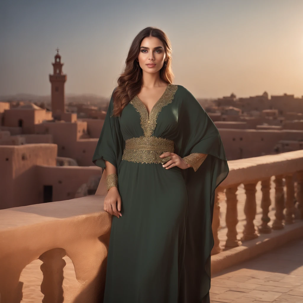 (professional 3d render:1.3) (Realistic:1.3) most beautiful photo in the world, Features soft and shiny, ((Epic fantasy woman, super long hair, cute expression in dynamic pose, Fantastic location, Majestic Moroccan environment)), bright green eyes, closed lips, full body 8k unity render, action shot, sunset lighting, heavyshading, Detailed, Detailed face, (vibrant, photograph realistic, Realistic, Dramatic, Dark, Sharp focus, 8K), (Abaya Jellaba Kaftan:1.4), (Intricate:1.4), decadent, (Highly detailed:1.4), smooth, Sharp focus, realistic, (loish:0.23), (Global illumination, Studio light, volumetric light), fairy lights, particles floating, full body, ((Marrakech city background:1.3)),