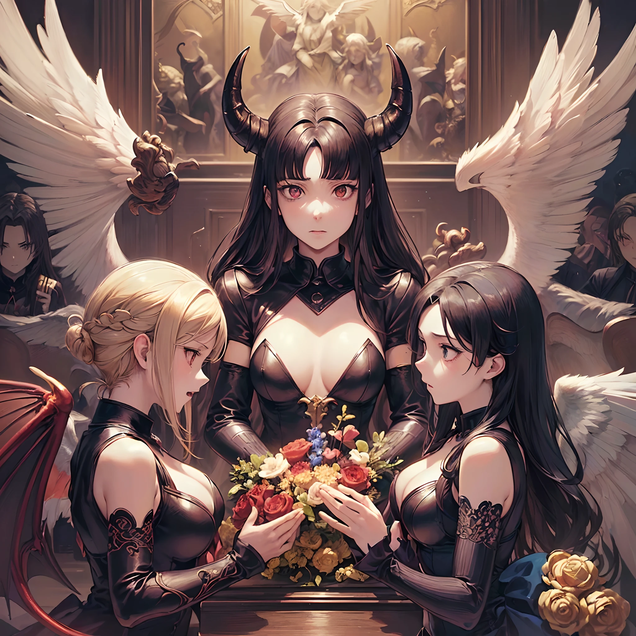((Finest quality)),(超A high resolution),(ultra-detailliert),(Meticulous portrayal),((Best Anime)),(Finest works of art),sharpnes,Clair, ((Angels and Demons Confronting Each Other:1.5)),