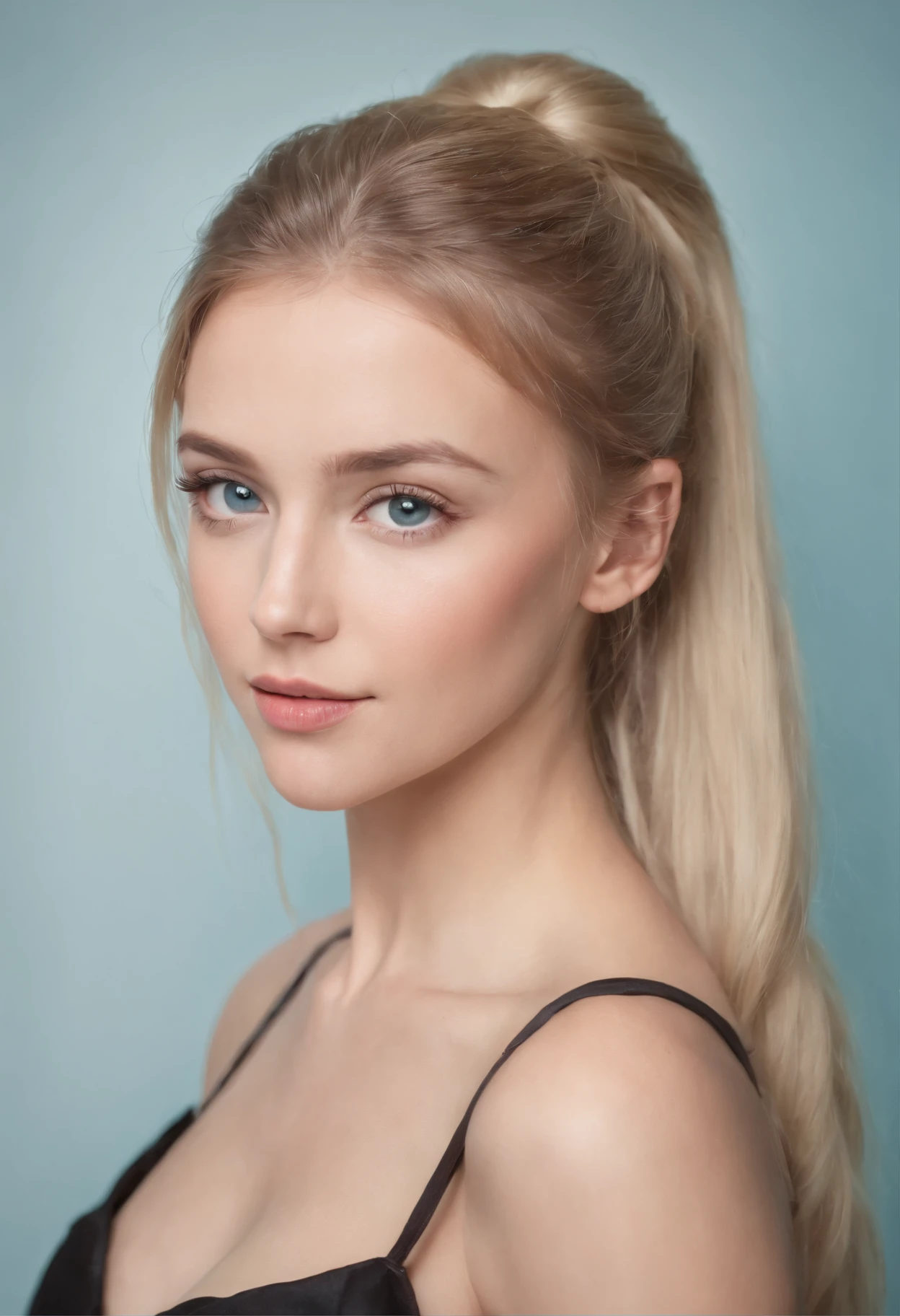 Young beautiful blonde with long hair, On one side, the hair is gathered in a ponytail, on the other hand in a pigtail, Posing for a photo, looks straight, Cyan eyes, in full height, attractive facial features, looks like a living woman, Age 22 years, young girl, in full height, black dress, black tights, beautiful portrait image