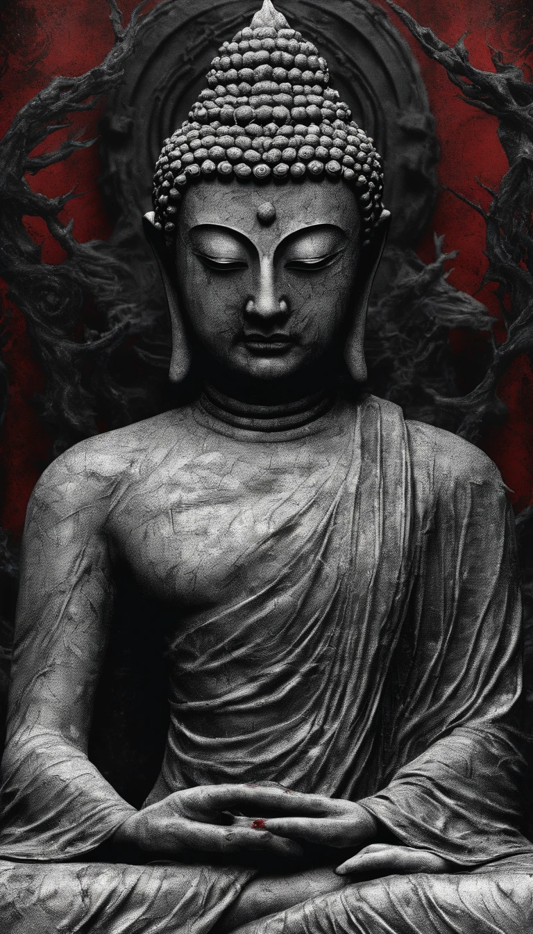 Blood red room, Flashing white TV screen, BUDDHA STATUE, cabelos preto e longos, with hair dishevelled, Cover one eye and face, Bright red eyes, Wearing a white transparent robe, Looming full breasts,liquor,Devil, reaching out her hands,Straighten your body, Red nails are exposed, Pinch the camera, hyper HD, Anatomically correct, Textured skin, Super detail, High details, High quality, A high resolution, 8K, hyper HD, Anatomically correct, Textured skin, Super detail, High details, High quality, Best quality, 8K,Leishnampo,Room 2,Horror