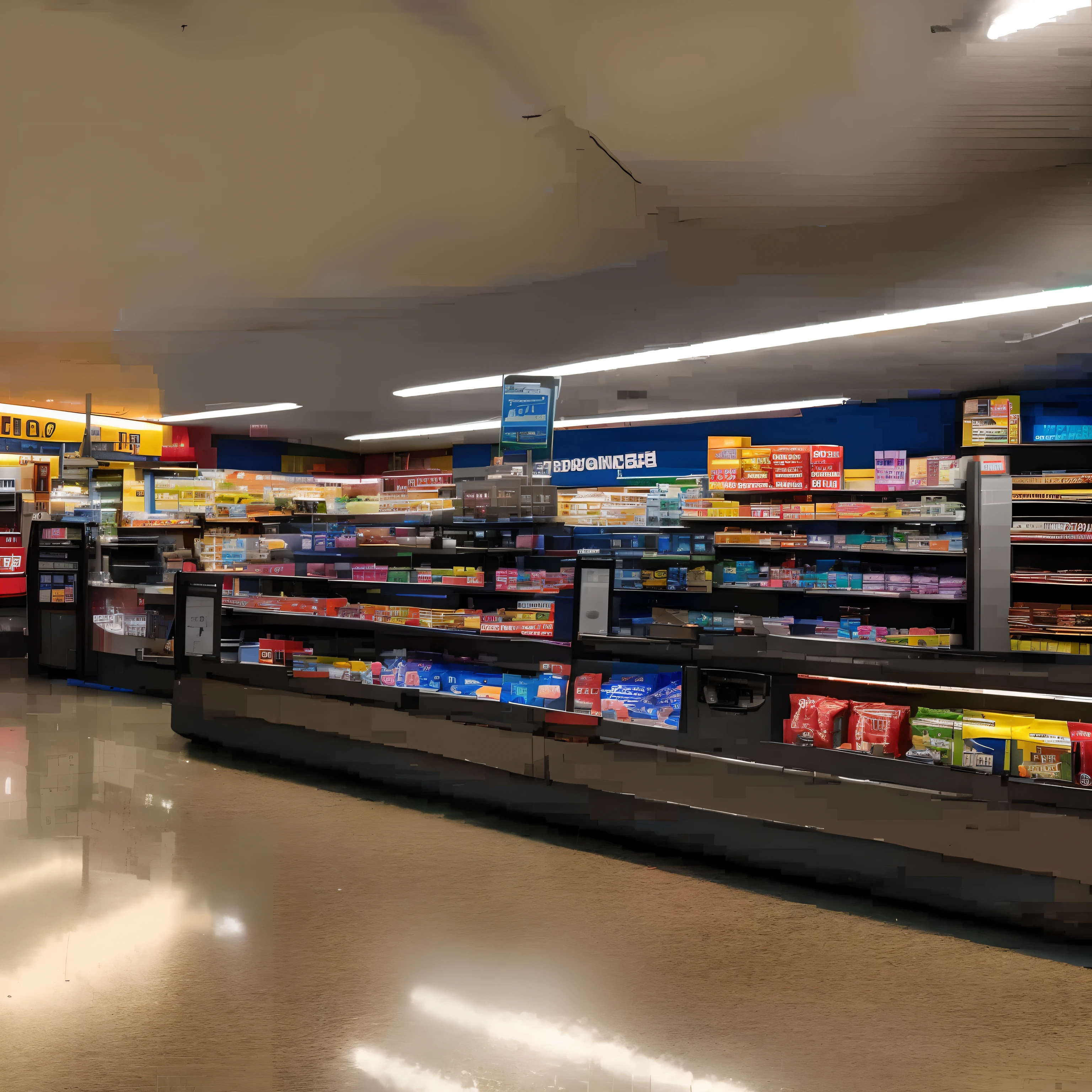 Inside a convenience store, closed, night, lights off, dark