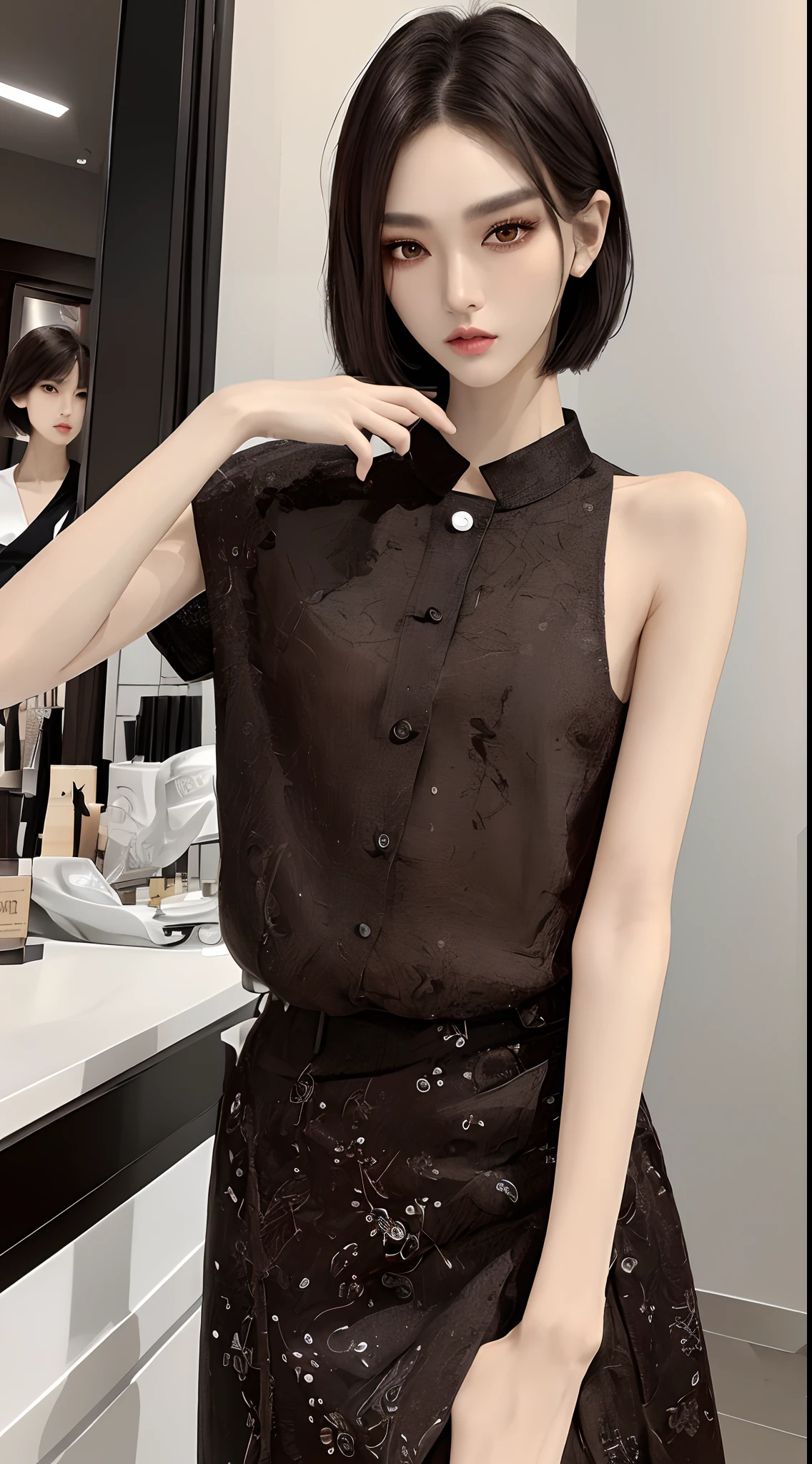 masterpiece、top-quality)、1 beutiful girl、Slim body、(Black and white plain clothes:1.1)、(Detailed beautiful eyes)、Walk around the store、((Boyish brown short hair))、((Smaller face))、tall、((Light brown eyes))、((Korean Girl))、((cool lady))、((Wild look))、((Korean Makeup))、((elongated and sharp eyes))、((Dating))、((looking distantly))、((boyish))