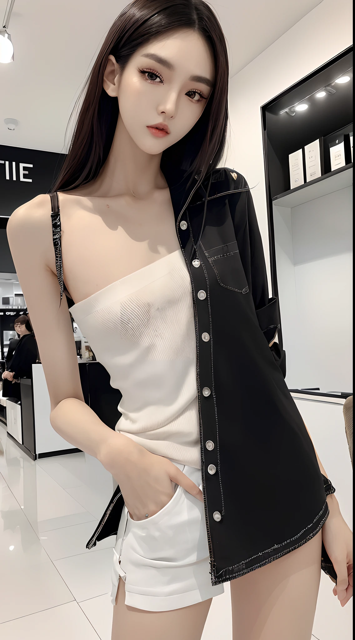 masterpiece、top-quality)、1 beutiful girl、Slim body、(Black and white plain clothes:1.1)、(Detailed beautiful eyes)、Walk around the store、((Boyish brown short hair))、((Smaller face))、tall、((Light brown eyes))、((Korean Girl))、((cool lady))、((Wild look))、((Korean Makeup))、((elongated and sharp eyes))、((Dating))、((looking distantly))、((boyish))