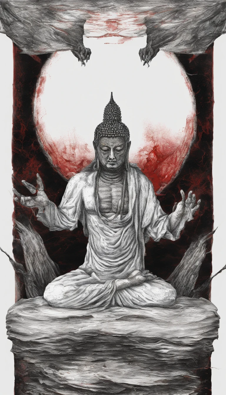 Blood red room, Flashing white TV screen, BUDDHA STATUE, cabelos preto e longos, with hair dishevelled, Cover one eye and face, Bright red eyes, Wearing a white transparent robe, Looming full breasts,liquor,Devil, reaching out her hands,Straighten your body, Red nails are exposed, Pinch the camera, hyper HD, Anatomically correct, Textured skin, Super detail, High details, High quality, A high resolution, 8K, hyper HD, Anatomically correct, Textured skin, Super detail, High details, High quality, Best quality, 8K,Leishnampo,Room 2,Horror