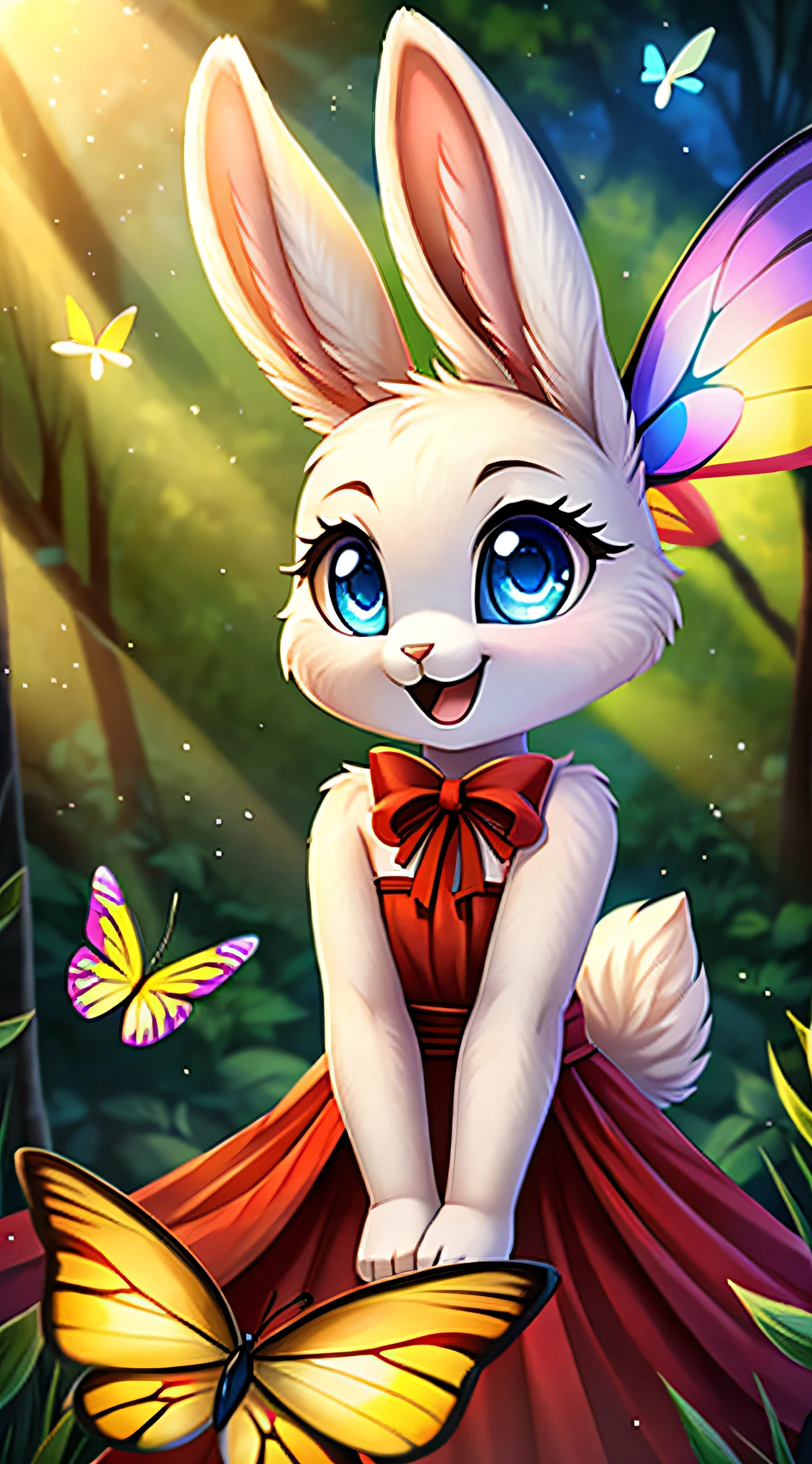 zoomed out image, fantasy style art, cute, adorable, short character, small, tiny, baby fluffy female white bunny with blue eyes, 4 ears, 2 extra ears, big floppy ears, long ears, ears perked up, raised ears, long eyelashes, wearing a red frilly ribbon dress, standing in a forest, colorful butterflies, big expressive smile, open mouth, wide eyes, excited eyes, excited face, stunning visuals, sunrays, digital illustration