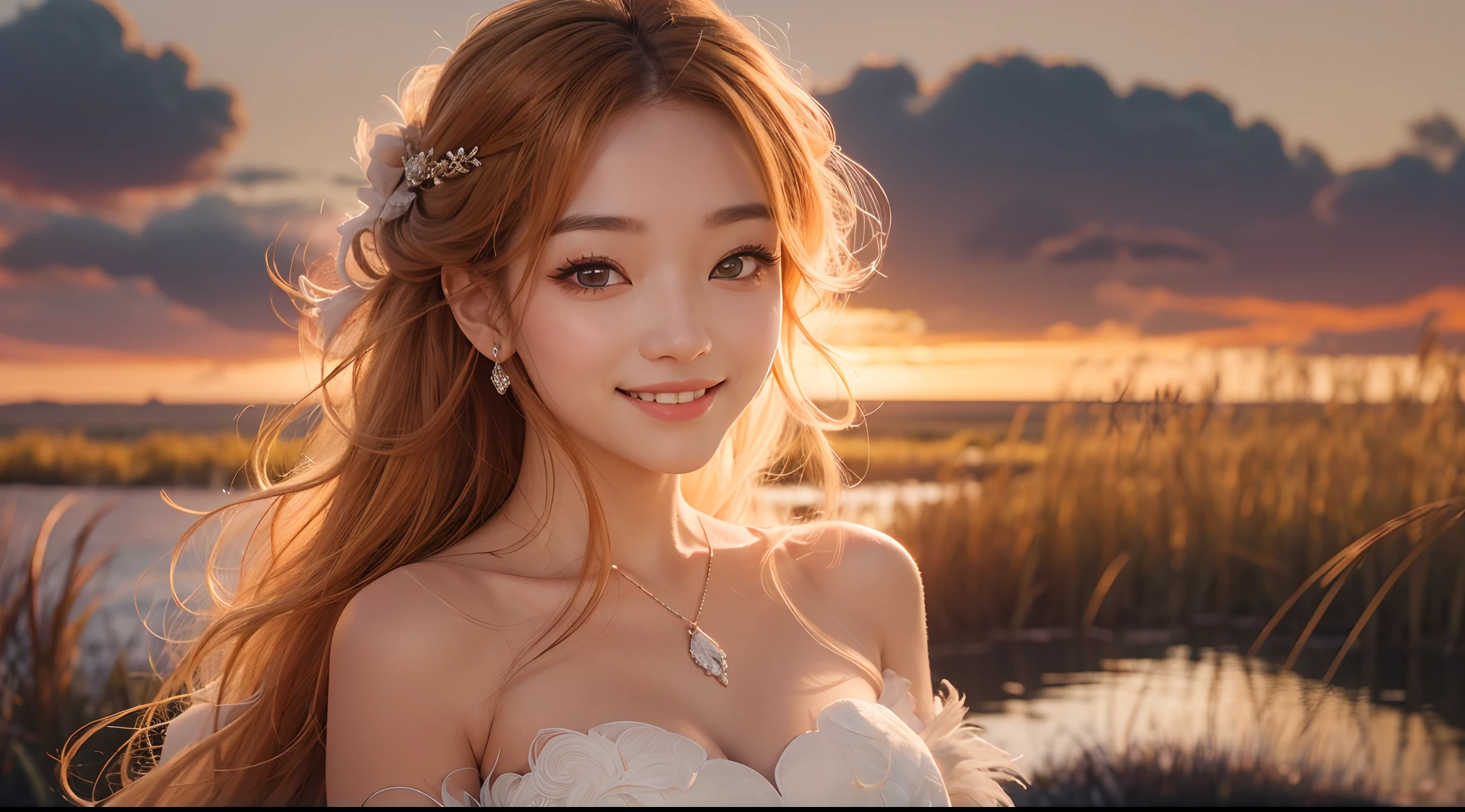 "(best quality,highres:1.2),vibrant colors,yellow to red gradient long hair,woman with a smiling expression,detailed eyebrows and eyes,marsh with reeds,sensual,alluring,hollowed-out wedding dress,sunset lighting"