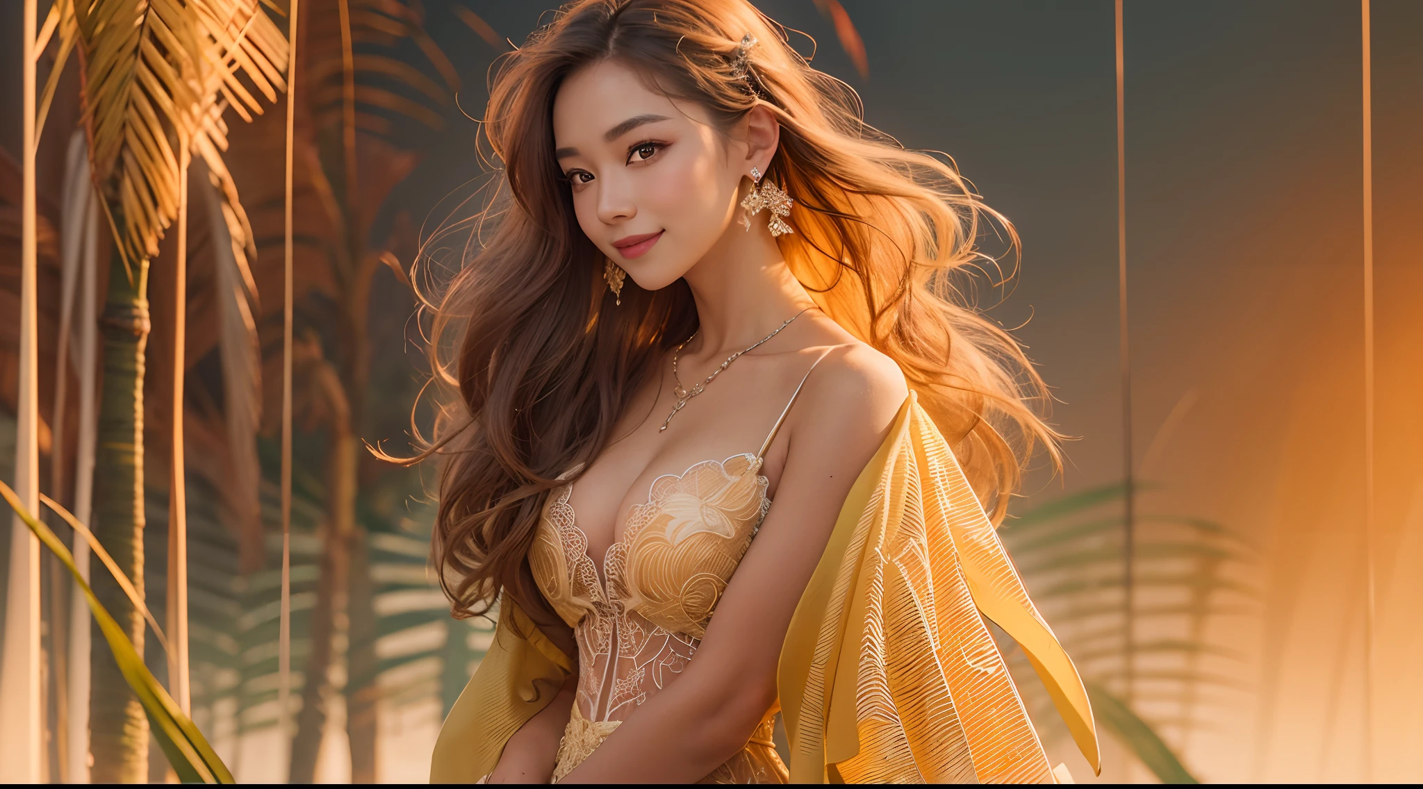 "(best quality,highres:1.2),vibrant colors,yellow to red gradient long hair,woman with a smiling expression,detailed eyebrows and eyes,marsh with reeds,sensual,alluring,hollowed-out wedding dress,sunset lighting"