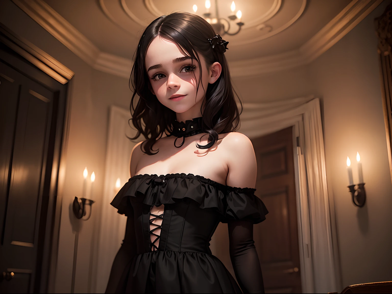tween Emma Watson wearing a black gothic strapless playsuit in a candle lit creepy room, small bust, small chest, cute smile, black hair accessories, black makeup, black lips, black collar, black hair