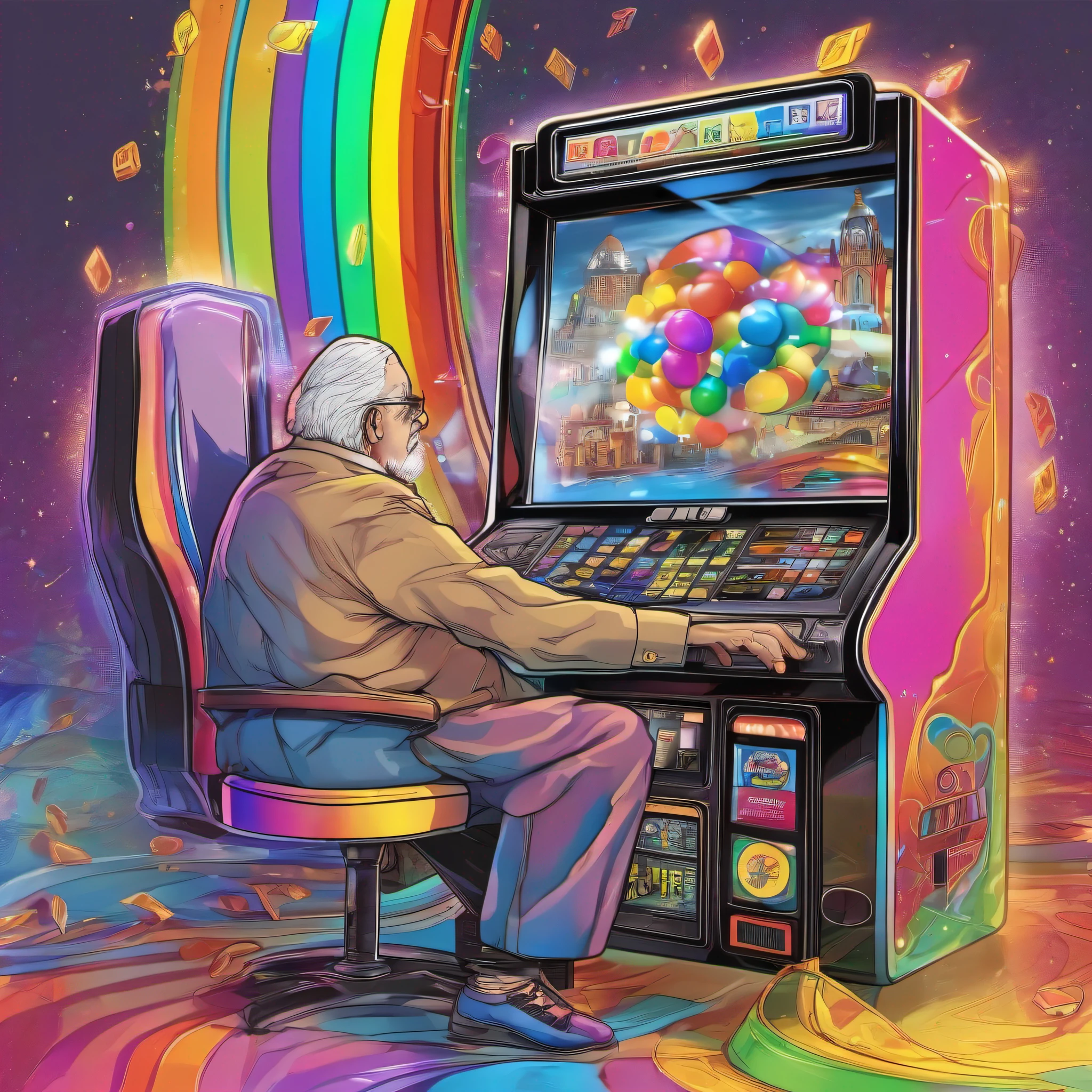 An old man indulging in games on a pseudo-colored game machine enjoying himself on a monochrome monitor with rainbow-colored cellophane
