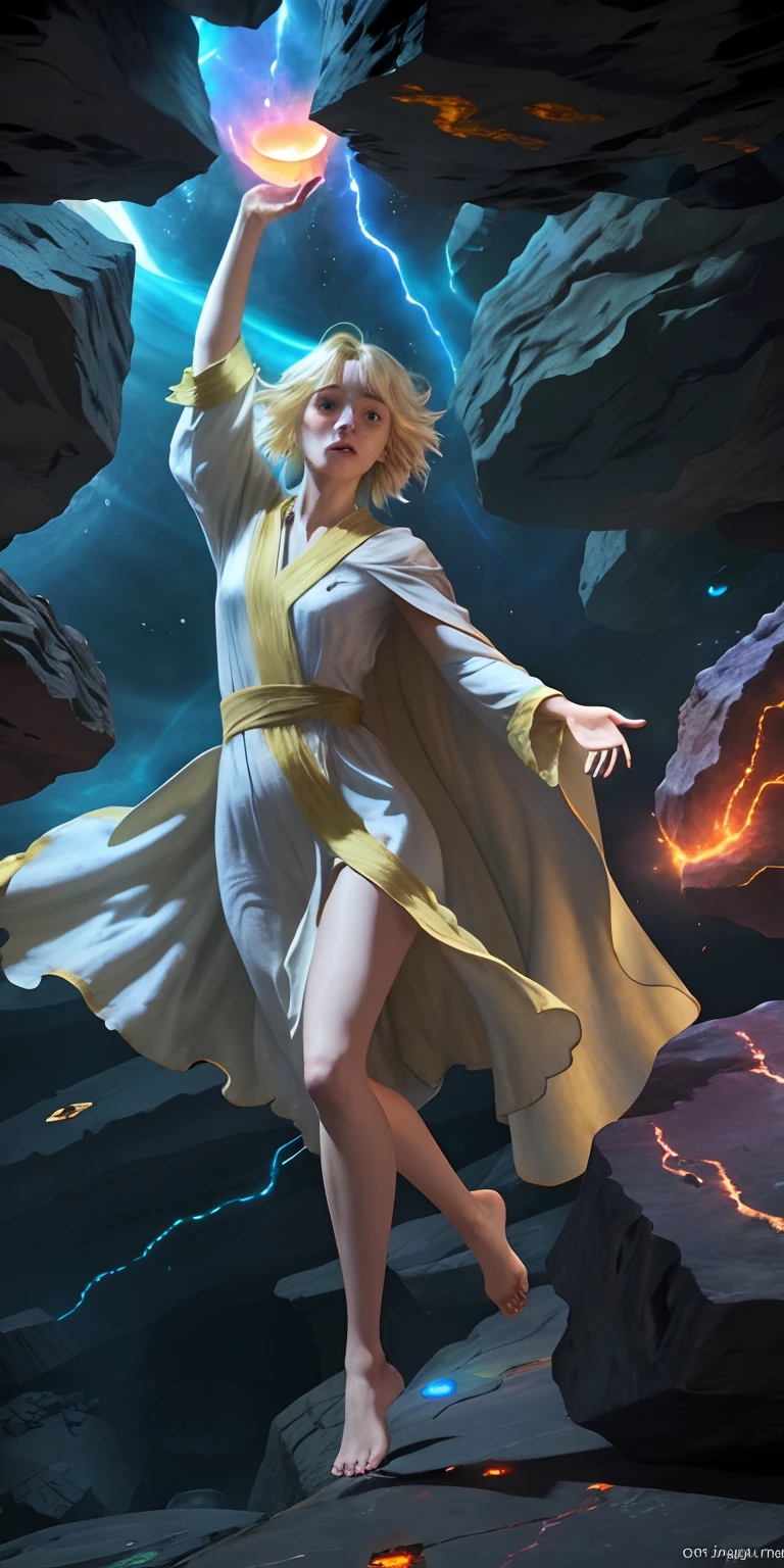 female barefoot summoner levitating with blonde hair robes and cape arms lifted up over a broken earth bright lava light from below asteroid field (jagged rocks boulders and debris shooting into the air:1.3) (windy dust debris storm:1.1) volumetric fog mist ray tracing z pass bright light from below, (masterpiece) (best quality) (detailed) (8k) (cinematic lighting) (sharp focus) (intricate)