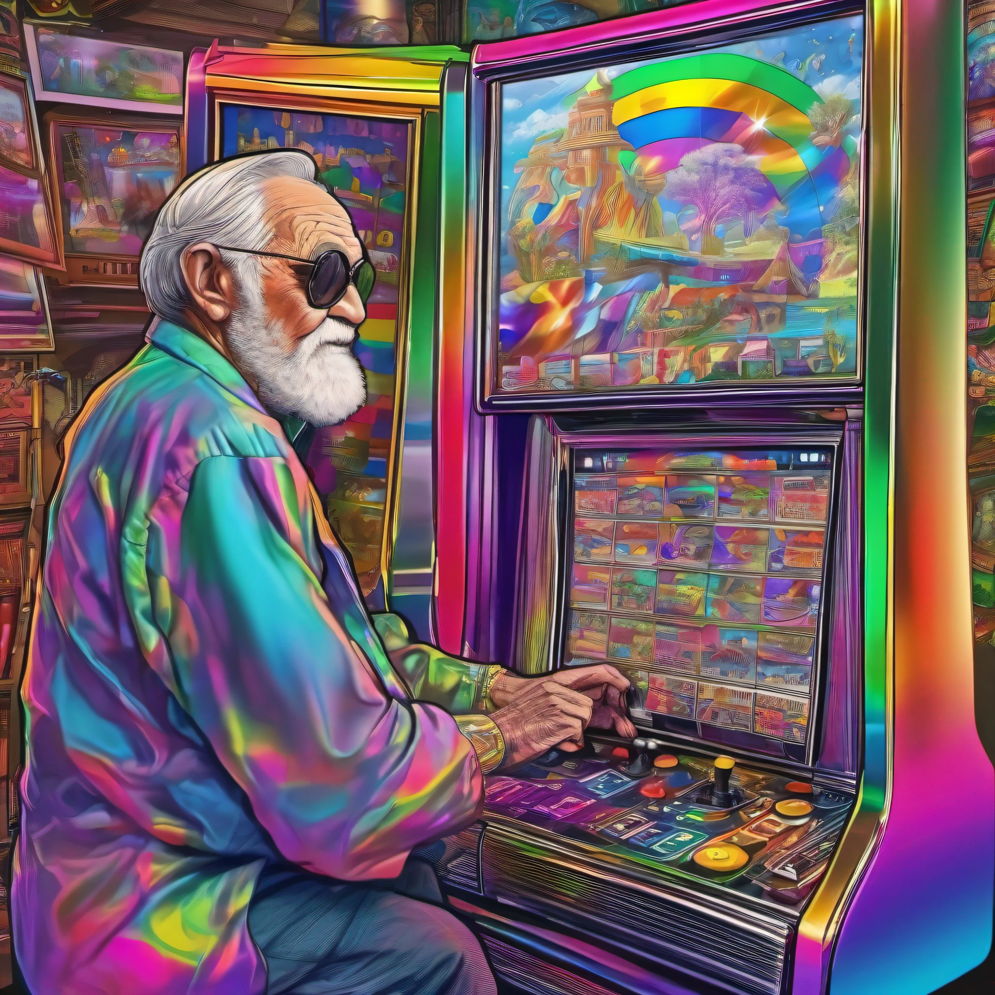 An old man indulging in games on a pseudo-colored game machine enjoying himself on a monochrome monitor with rainbow-colored cellophane