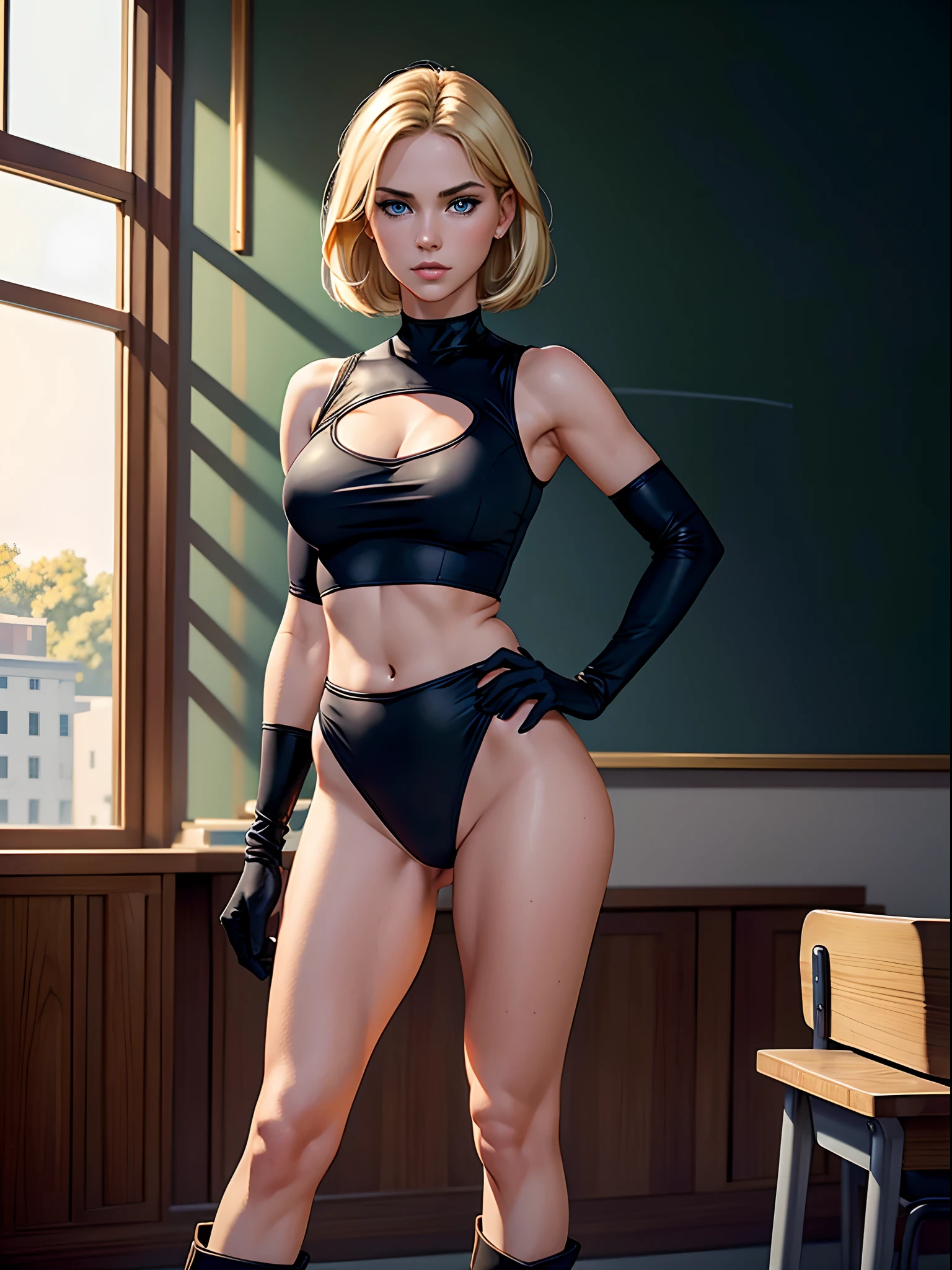 ((best quality)), ((masterpiece)), ((ultra realistic)), american blonde, beautiful detailed face, detailed eyes, sexy teacher, dressed in a black leotard with a midriff cutout, classroom backdrop, highly detailed, professional, bare legs, (full body), hand on hip, bob hair, short hair, blue eyes, blue sleeveless tank top, black gloves, matching boots, standing, solo,