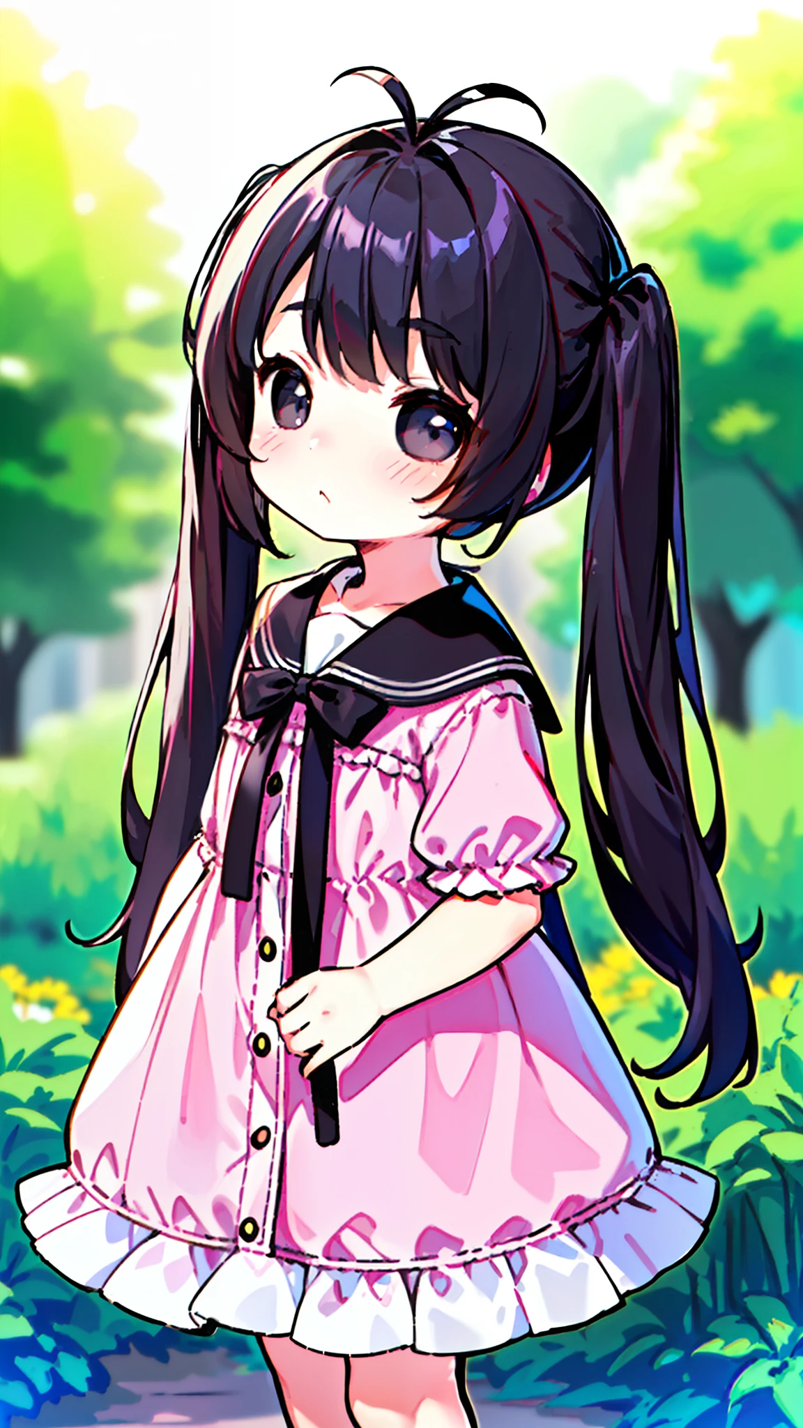 (Original Character,8k, Masterpiece, Best Quality,Detailed, Beautiful Detailed Eyes, solo),((1loli girl,4 )),small,little pink dress,black hair,long hair,(((hair 2antenna))),black eyes,black sclera,twintails,loli,solo,cute,(standing in a garden in night),shy,blush,cowboy shot