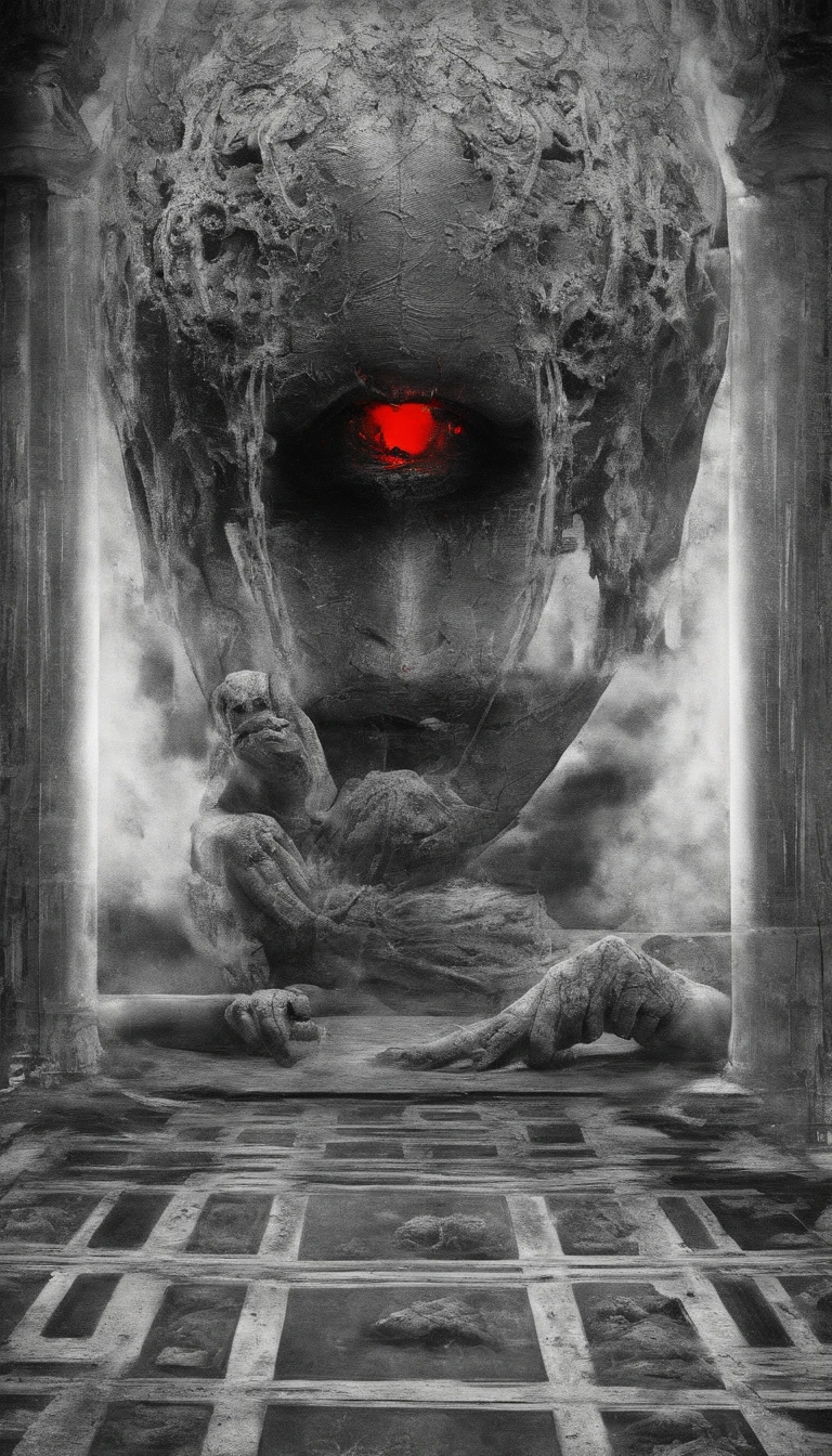 Blood red room, Flashing white TV screen, BUDDHA STATUE, cabelos preto e longos, with hair dishevelled, Cover one eye and face, Bright red eyes, Wearing a white transparent robe, Looming full breasts,liquor,Devil， reaching out her hands，Straighten your body, Red nails are exposed, Pinch the camera, hyper HD, Anatomically correct, Textured skin, Super detail, High details, High quality, A high resolution, 8K, hyper HD, Anatomically correct, Textured skin, Super detail, High details, High quality, Best quality, 8K,Leishnampo,Room 2,Horror
