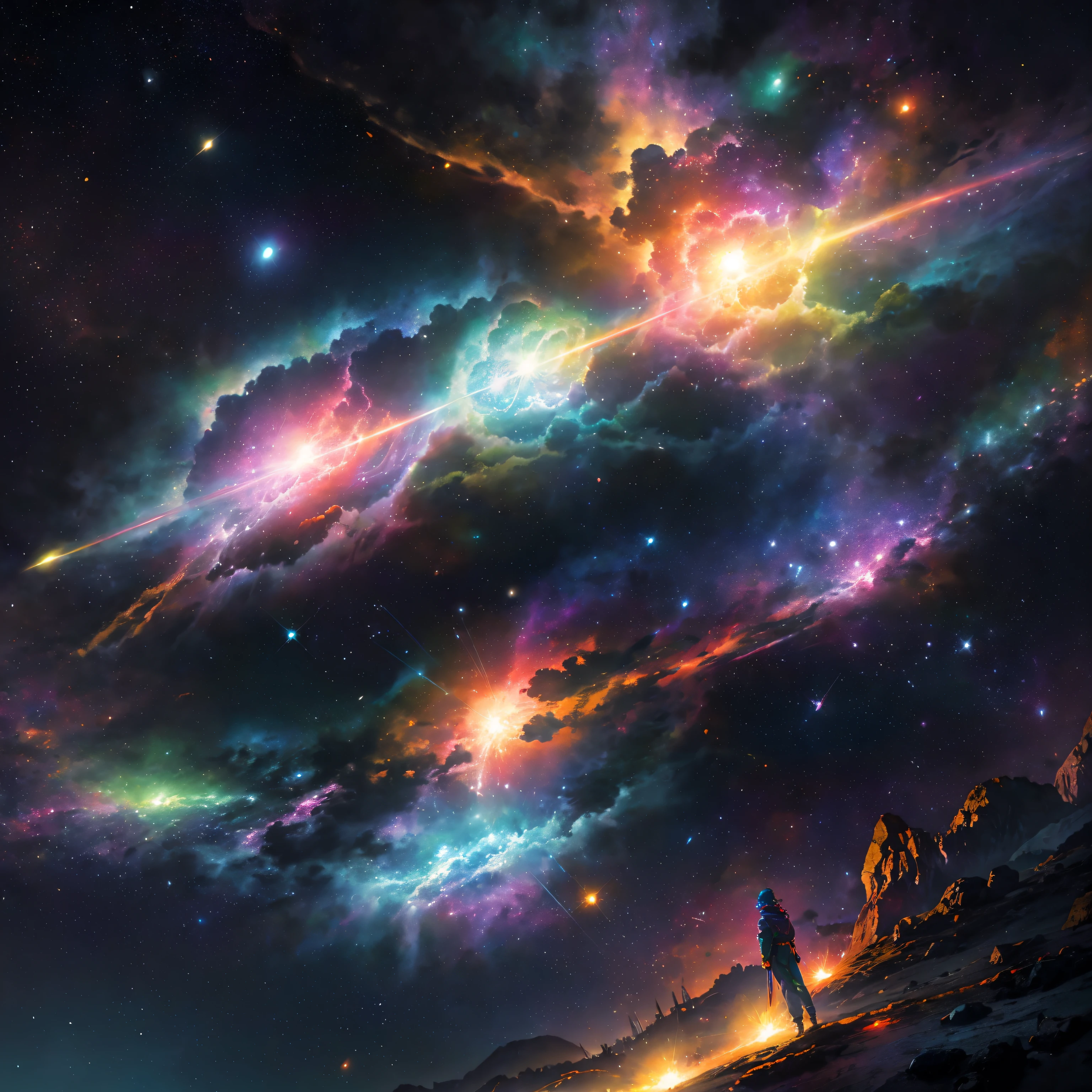 ((Iridescent nebula、red、orange colors、Yellow、in green、cyan colors、blue 、purpleish color)):1.9、up、Masterpiece、A hyper-realistic
