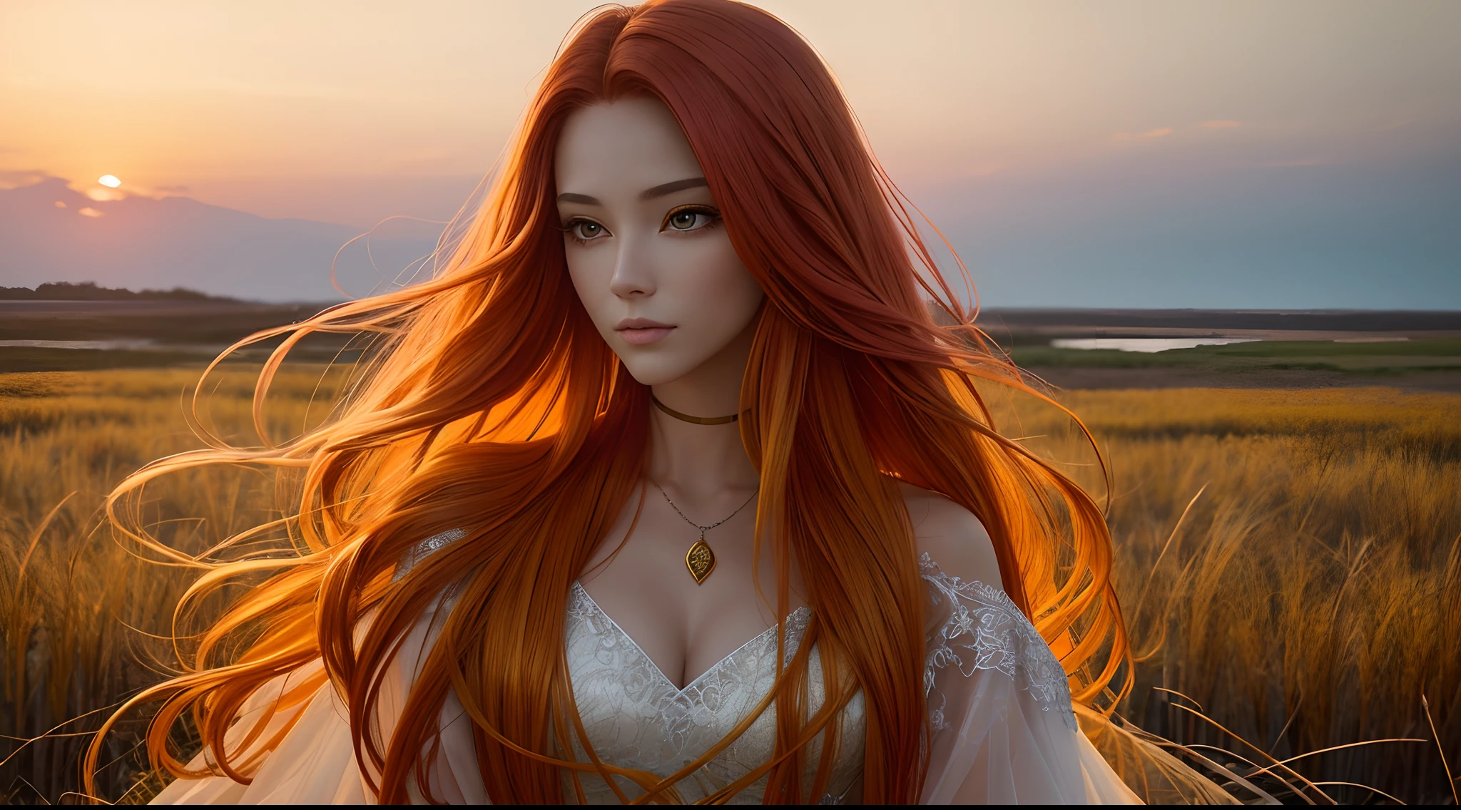 (high quality:1.2), vibrant colors, long hair dyed with a yellow-to-red gradient, a woman with a radiant expression, detailed features and eyes, a marshland with reeds, ethereal, enticing, a cut-out wedding dress, sunset lighting