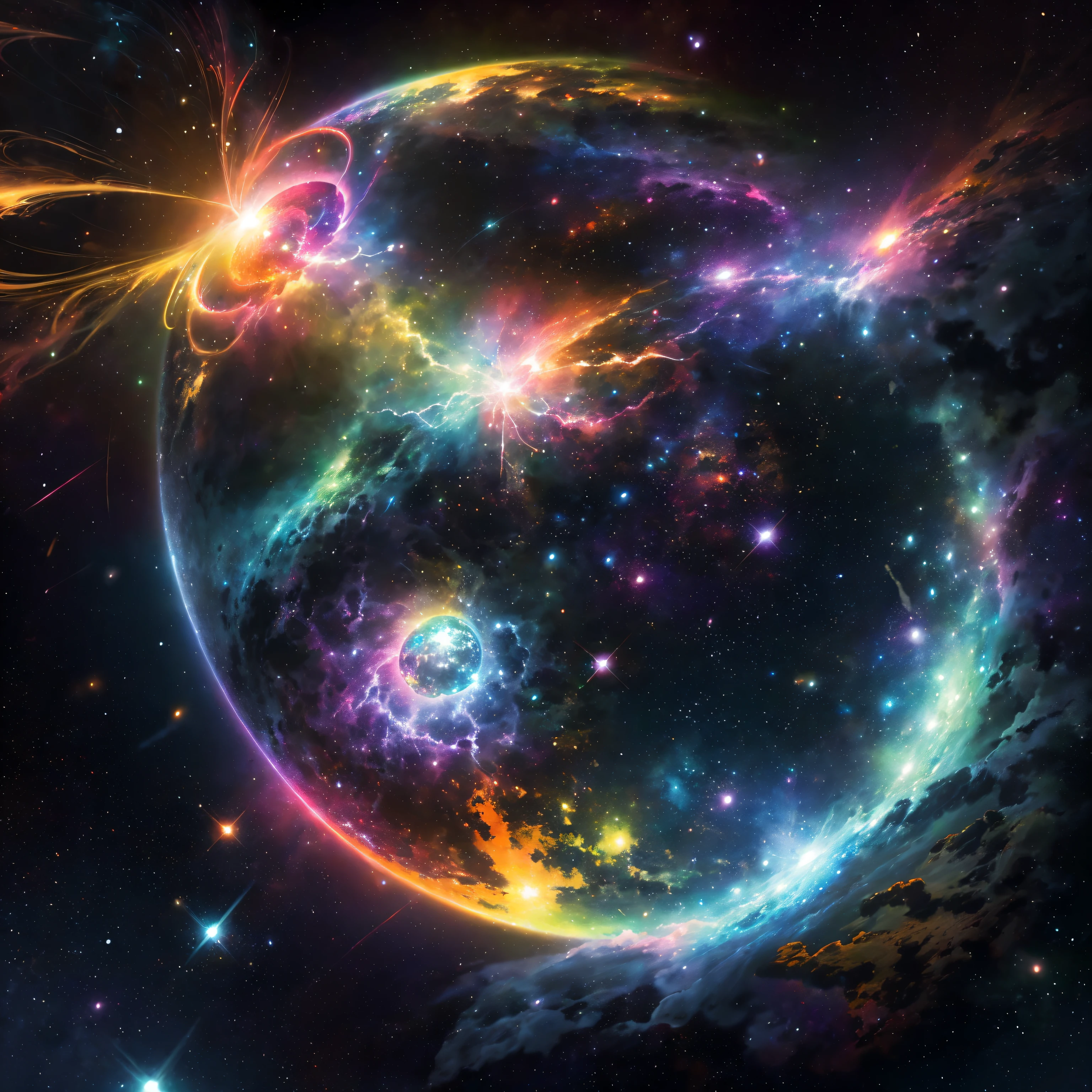 ((Iridescent nebula、red、orange colors、Yellow、in green、cyan colors、blue 、purpleish color)):1.9、up、Masterpiece、A hyper-realistic