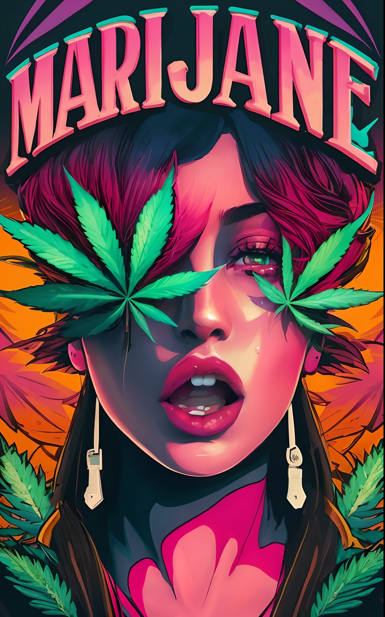 A closeup of a woman with a marijuana leaf on her head, personification of marijuana, Jen Bartel, maconha!, Tema Maconha, in illustration style digital, inspirado por Mary Jane Begin, extremely high quality artwork, matte digital illustration, Maria Jane, asymmetrical marijuana, maconha, Arte Digital. @mariomaniacdude, erva daninha, paranoia da cannabis
