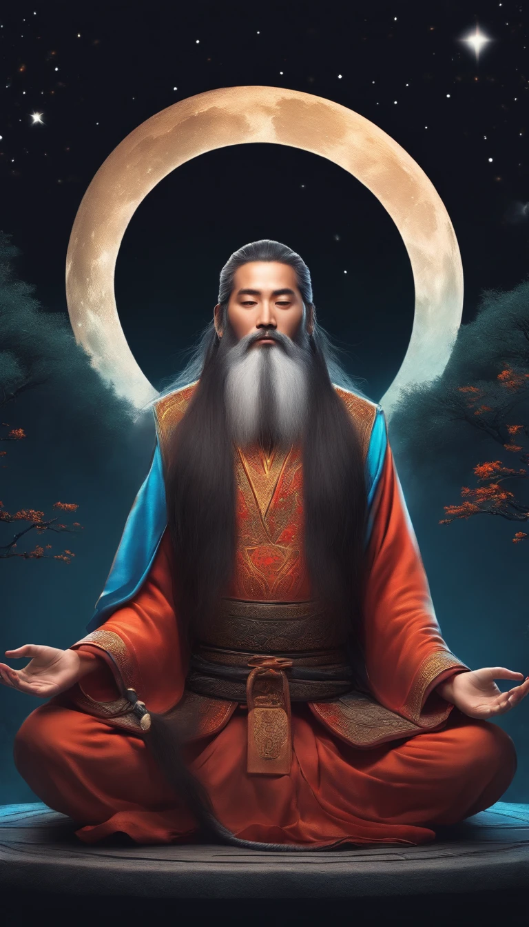 Young male Taoist leader in China，Long beard，Meditate cross-legged, at centre，Very bright colors,Moon background， Light particles, with light glowing, Mshiv, wallpaper art, UHD wallpaper