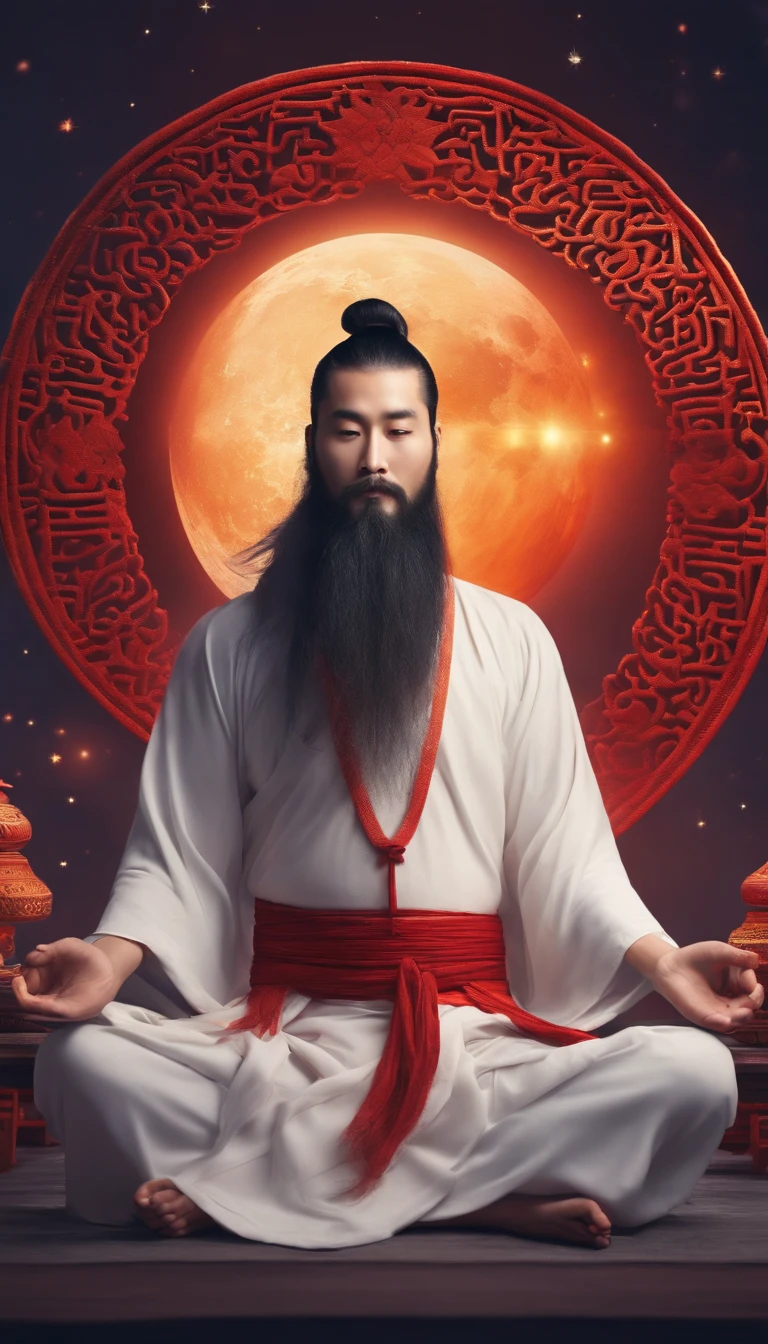 Young male Taoist leader in China,Long beard,Meditate cross-legged, at centre,Very bright colors,Moon background, Light particles, with light glowing, Mshiv, wallpaper art, UHD wallpaper