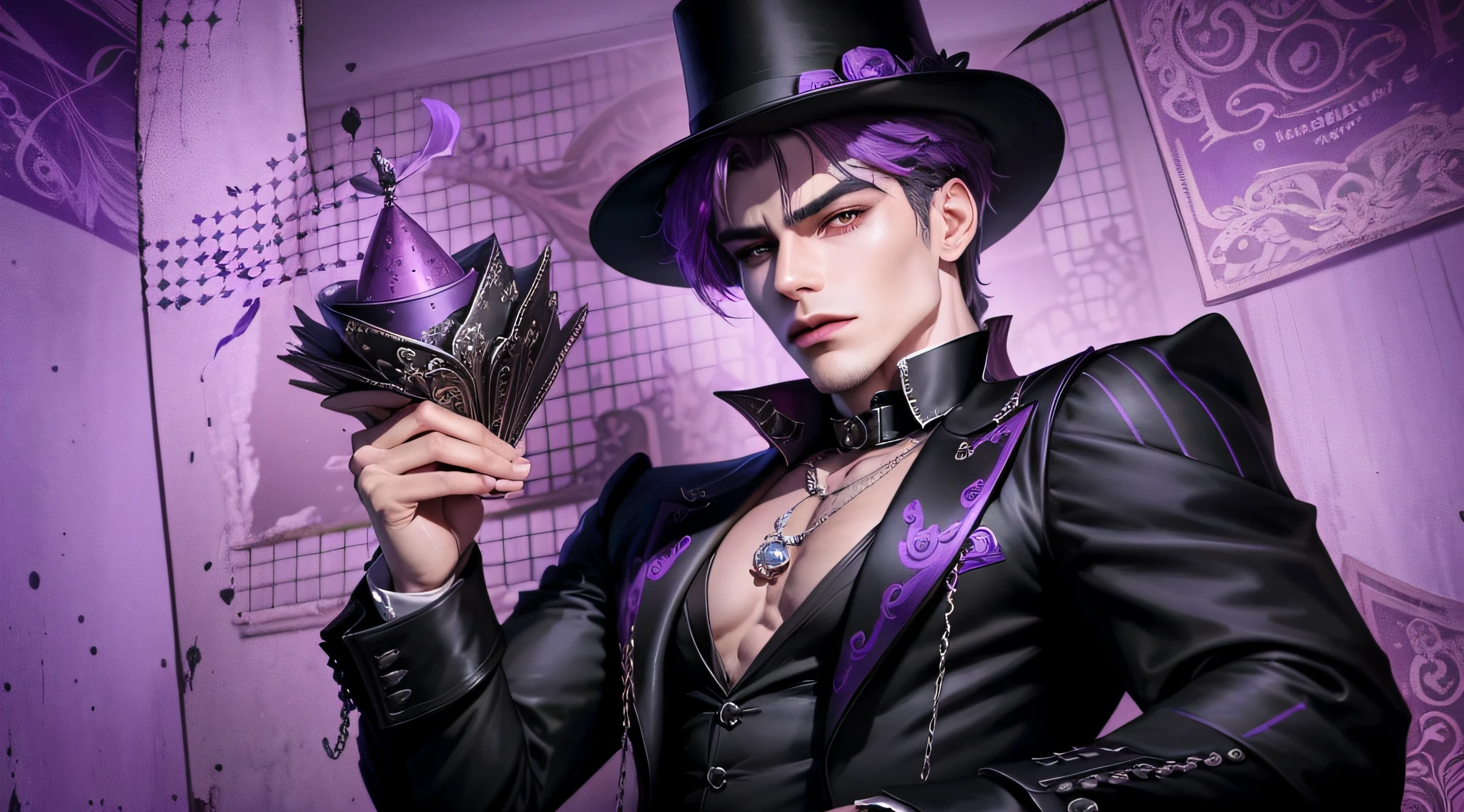 Magicien masculin avec un chapeau haut de forme. Manga, cartoon, 2D. Jeune. Sans barbe. Inspired by the circus world (clown). Maquillage sombre autour des yeux. Mastering playing cards. Longueur moyenne, tousled black and purple hair. Tight magician's clothes. very muscular. Sadique et psychopathe. dominant. upper. bad boy. Regard sombre, tueur. Porte beaucoup de bijoux (colliers et bagues). dents pointues. Les cordes sont sur le dessin.