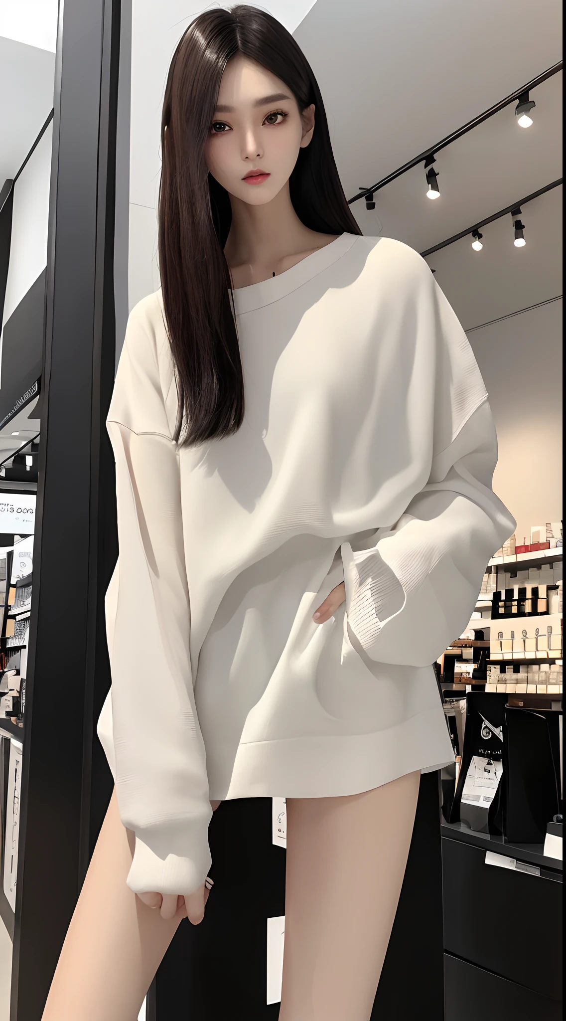 masterpiece、top-quality)、1 beutiful girl、Slim body、((Black and white plain clothes:1.1))、(Detailed beautiful eyes)、Walk around the store、((Boyish Brown Shorthair))、((Smaller face))、tall、((Light brown eyes))、((Korean Girl))、((cool lady))、((Wild look))、((Korean Makeup))、((elongated and sharp eyes))、((Dating))、((looking distantly))、((boyish))