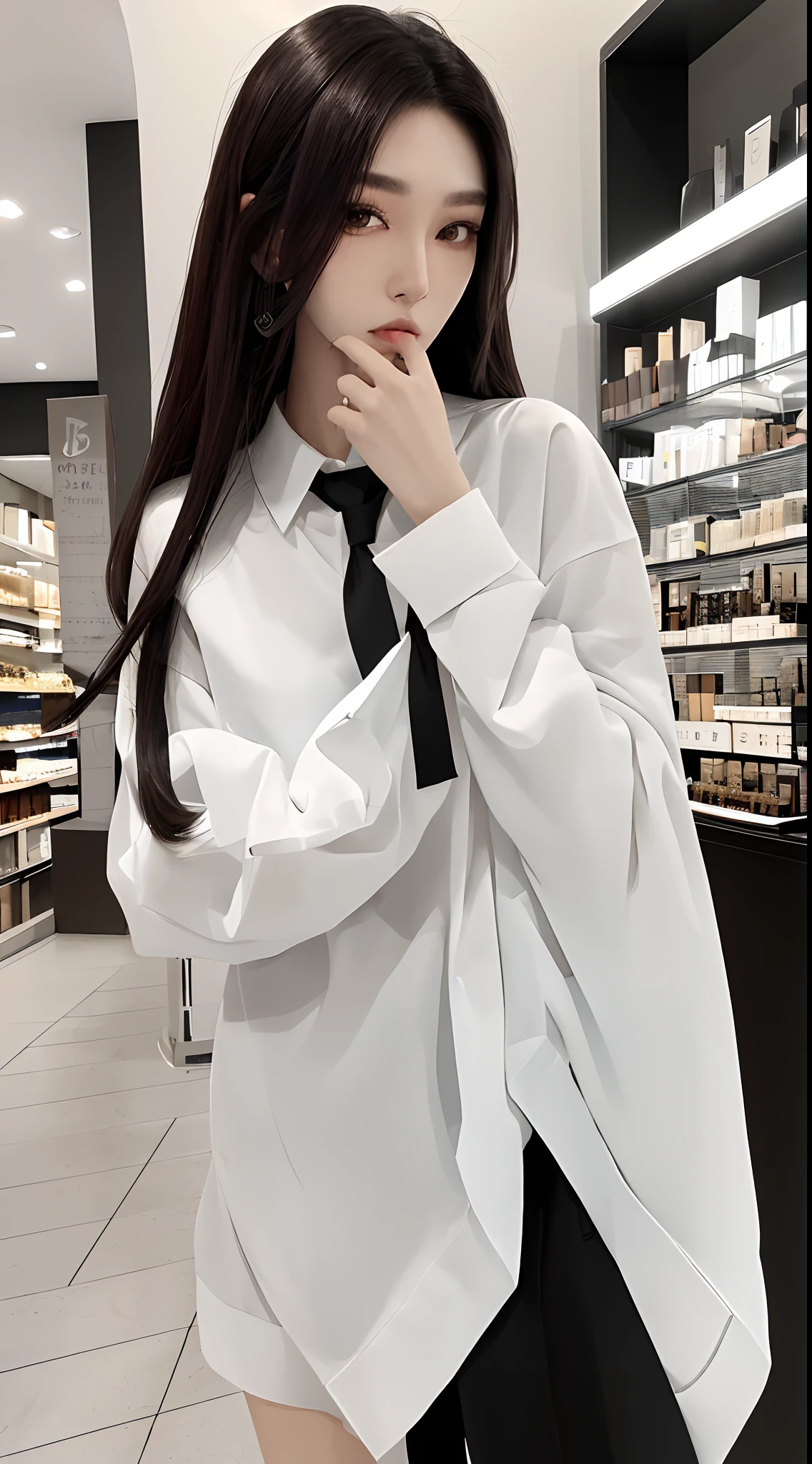 masterpiece、top-quality)、1 beutiful girl、Slim body、((Black and white plain clothes:1.1))、(Detailed beautiful eyes)、Walk around the store、((Boyish Brown Shorthair))、((Smaller face))、tall、((Light brown eyes))、((Korean Girl))、((cool lady))、((Wild look))、((Korean Makeup))、((elongated and sharp eyes))、((Dating))、((looking distantly))、((boyish))