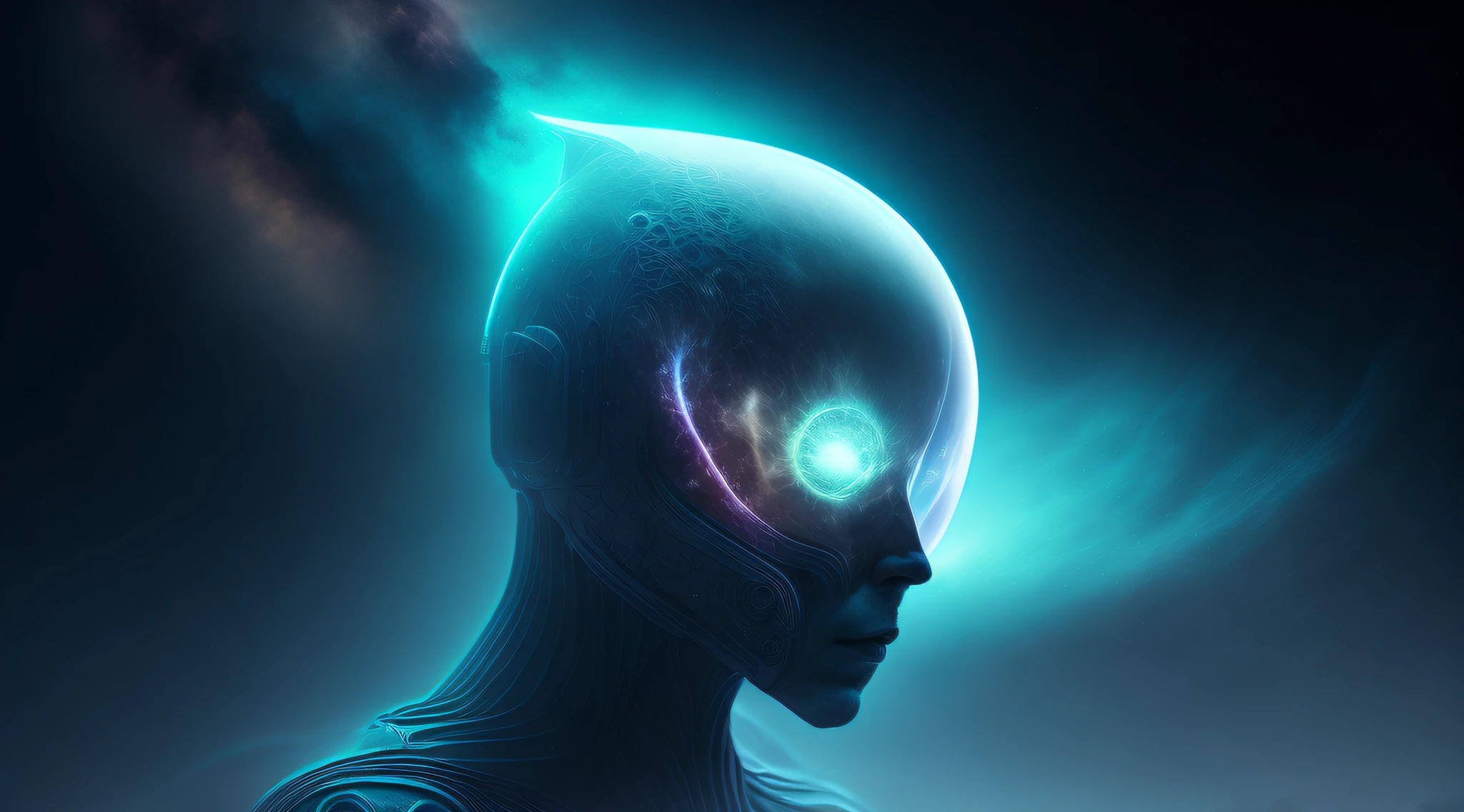 Ghostly portrait of a futuristic alien from another dimension creator of the universe