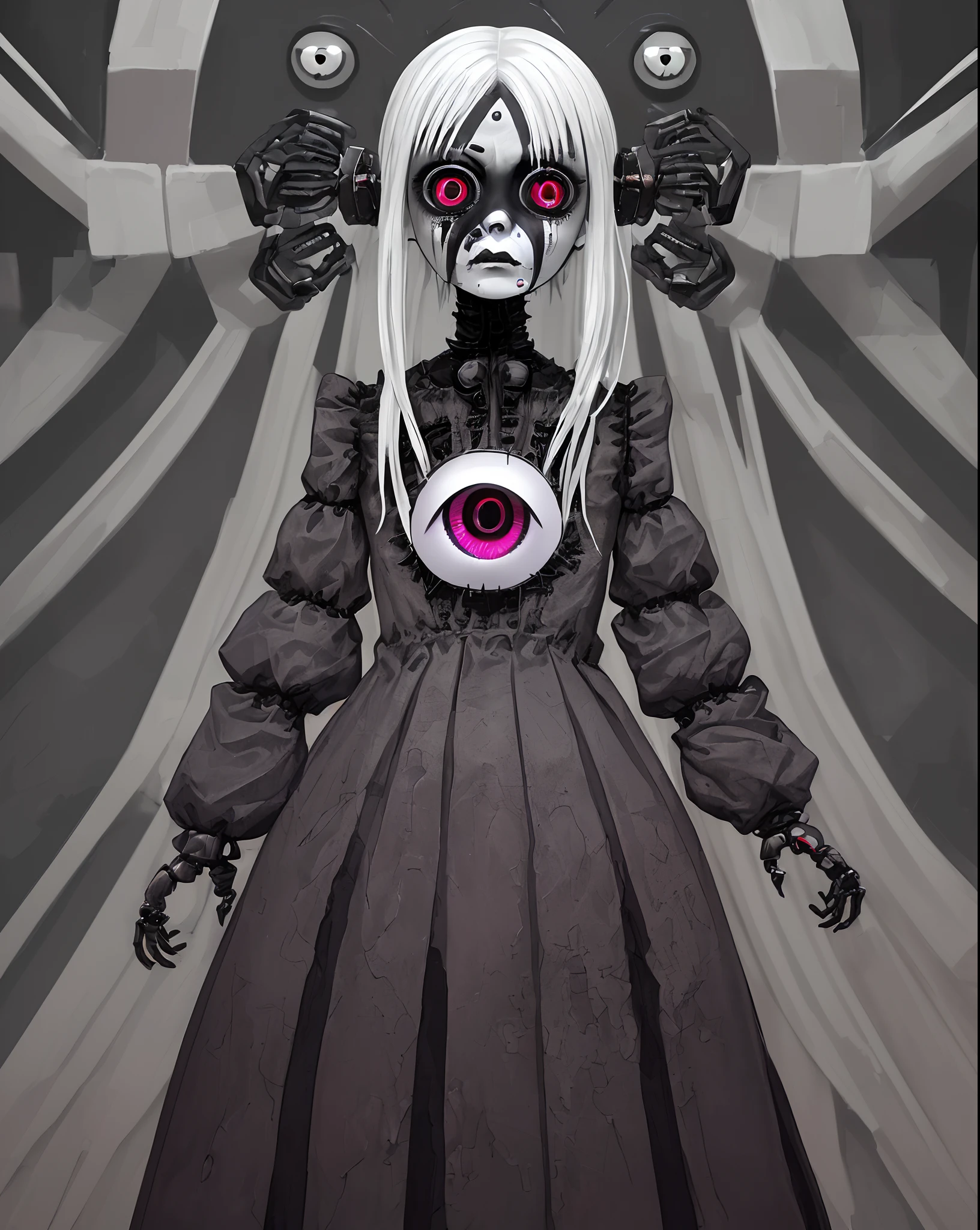 full body ((antichrist unsettling)) robot girl, grume, white aurorapunk, (deformed face and eyes:1.5), daymare:1.9), unnerving background, inspired by Taro Yamamoto, unsplash contest winner, gothic art, red facial stripe, bjd, white face paint, [[blood]],