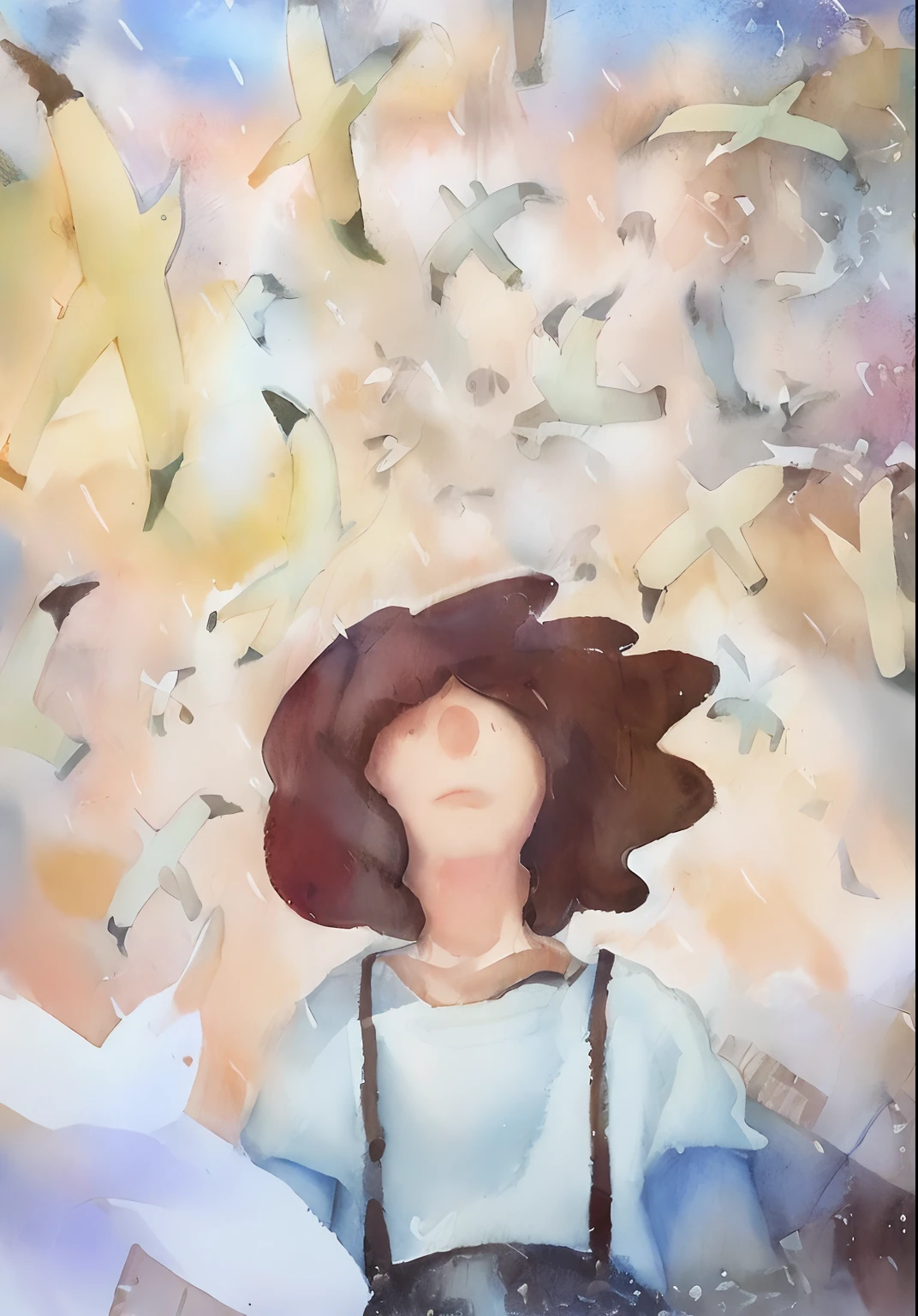 Painting of a woman with a bird in her hand and an airplane in the air, inspirado em Pascale Campion, Directed by: Maryam Hashemi, there are birds on her head, penas chovendo, Directed by: Kim Tschang Yeul, por Juliette Leong, blurry and dreamy illustration, Directed by: Keren Katz, inspirado em Alex Katz, blurry and dreamy illustration