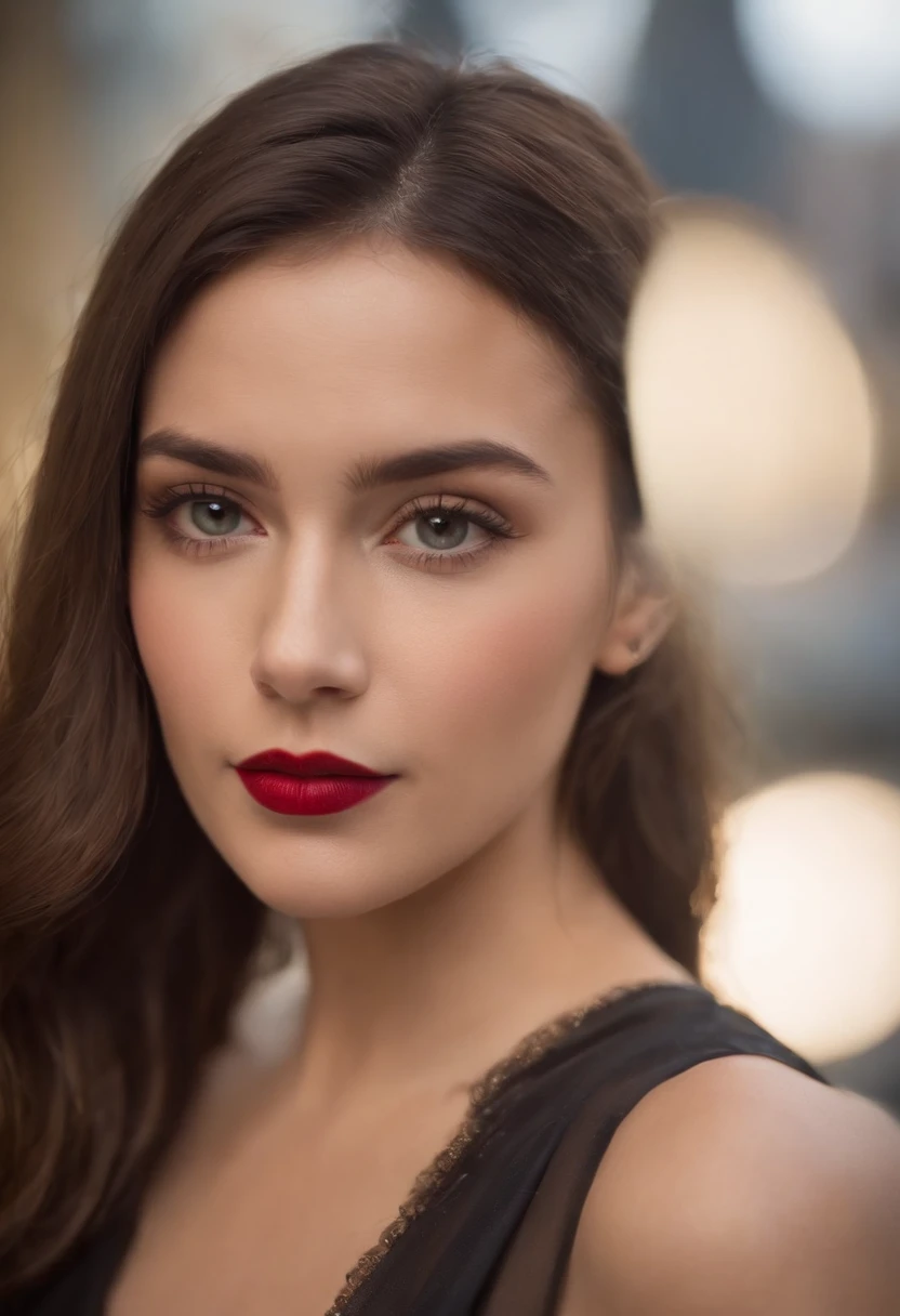 de cabelo castanho avermelhado, olhos azuis, Beautiful, corpo inteiro, seios pequenos, pernas abertas, on back, usando um vestido curto preto com meias rede de peixe, salto alto, Red lipstick