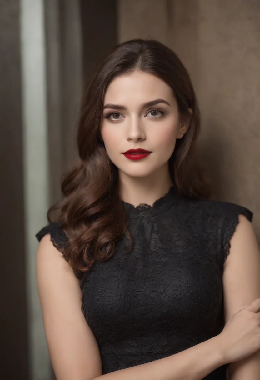 menina de cabelo castanho avermelhado, olhos azuis, Beautiful, corpo inteiro,  pequenos, pernas abertas, on back, usando um vestido curto preto com meias rede de peixe, salto alto, Red lipstick