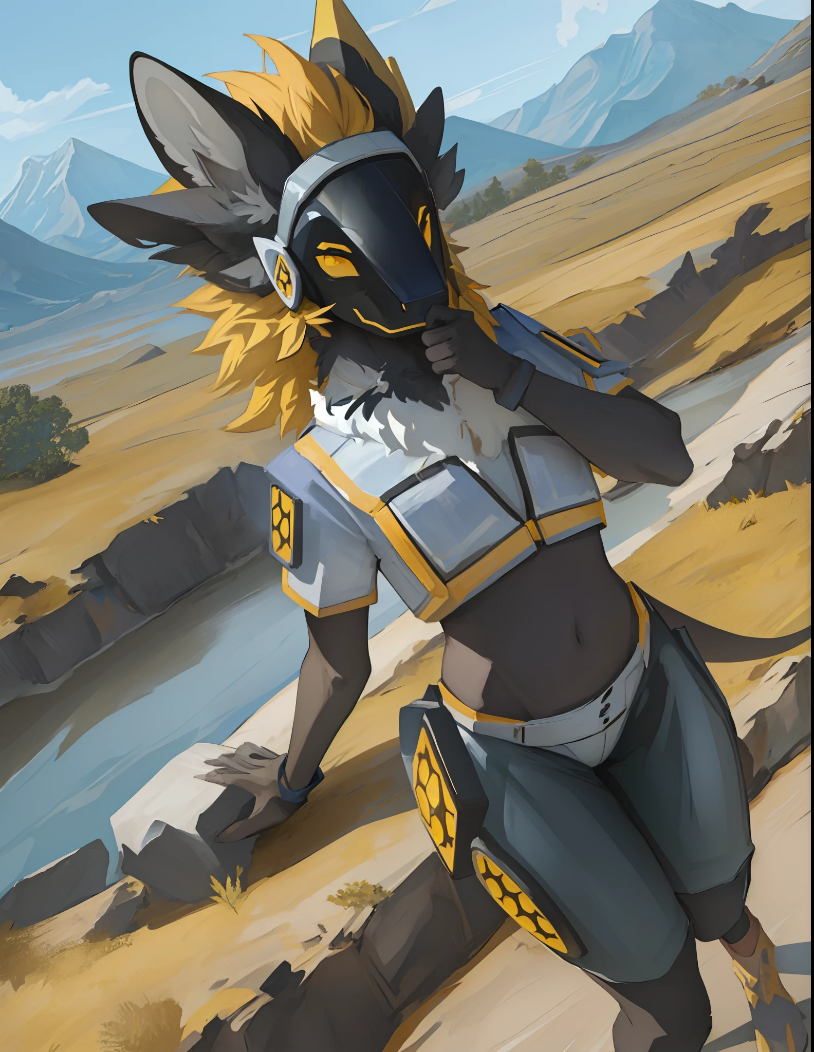(highly detailed illustration:1.2), best quality, masterpiece, natural lighting, protogen, (protogen face:1.1), (protogen visor:1.1), tail, torso, yellow eyes, glossy fur, glossy hair, gray fur, standing, gravel road, winding road, windy, windy leaves, blowing leaves, trees, mountains, hills, forest, landscape, maw open, teasing veiwer of being vored, saliva in maw