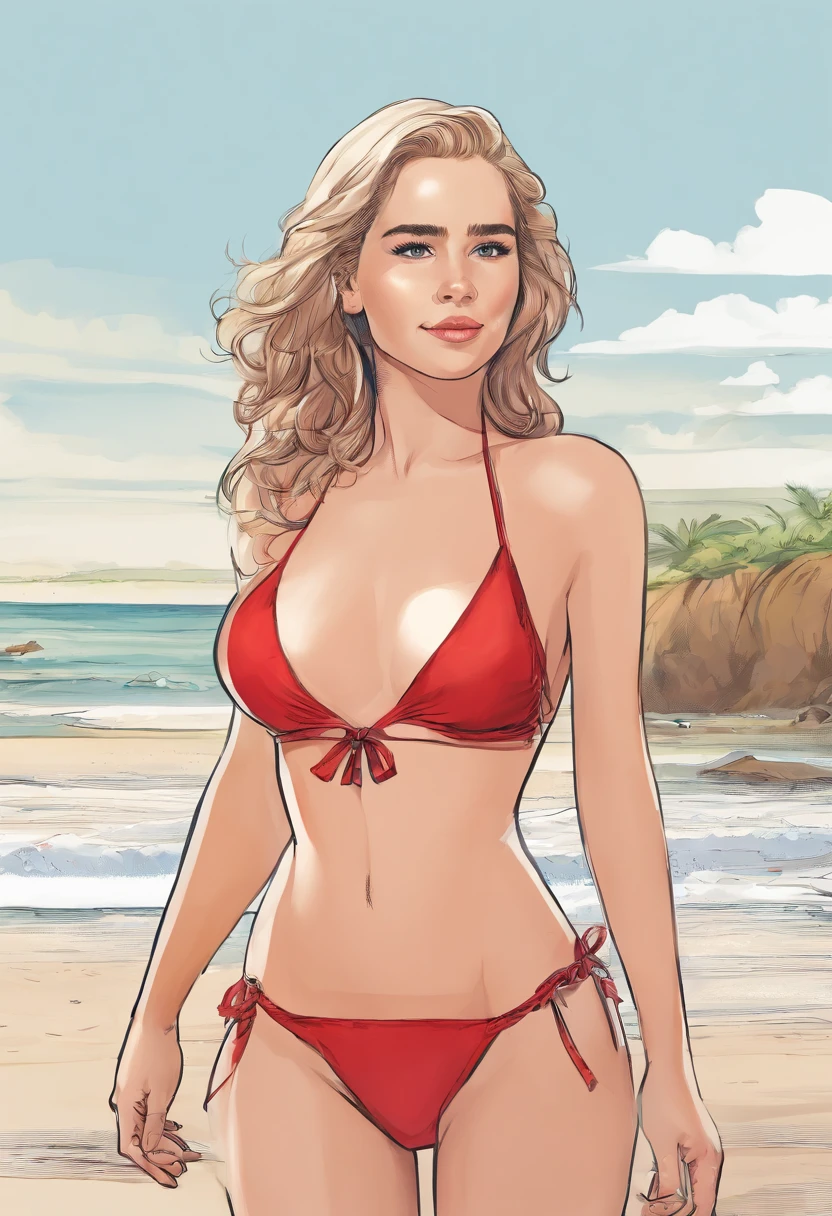 Emilia Clarke in the beach,red bikini, big breast, masterpiece, realistic