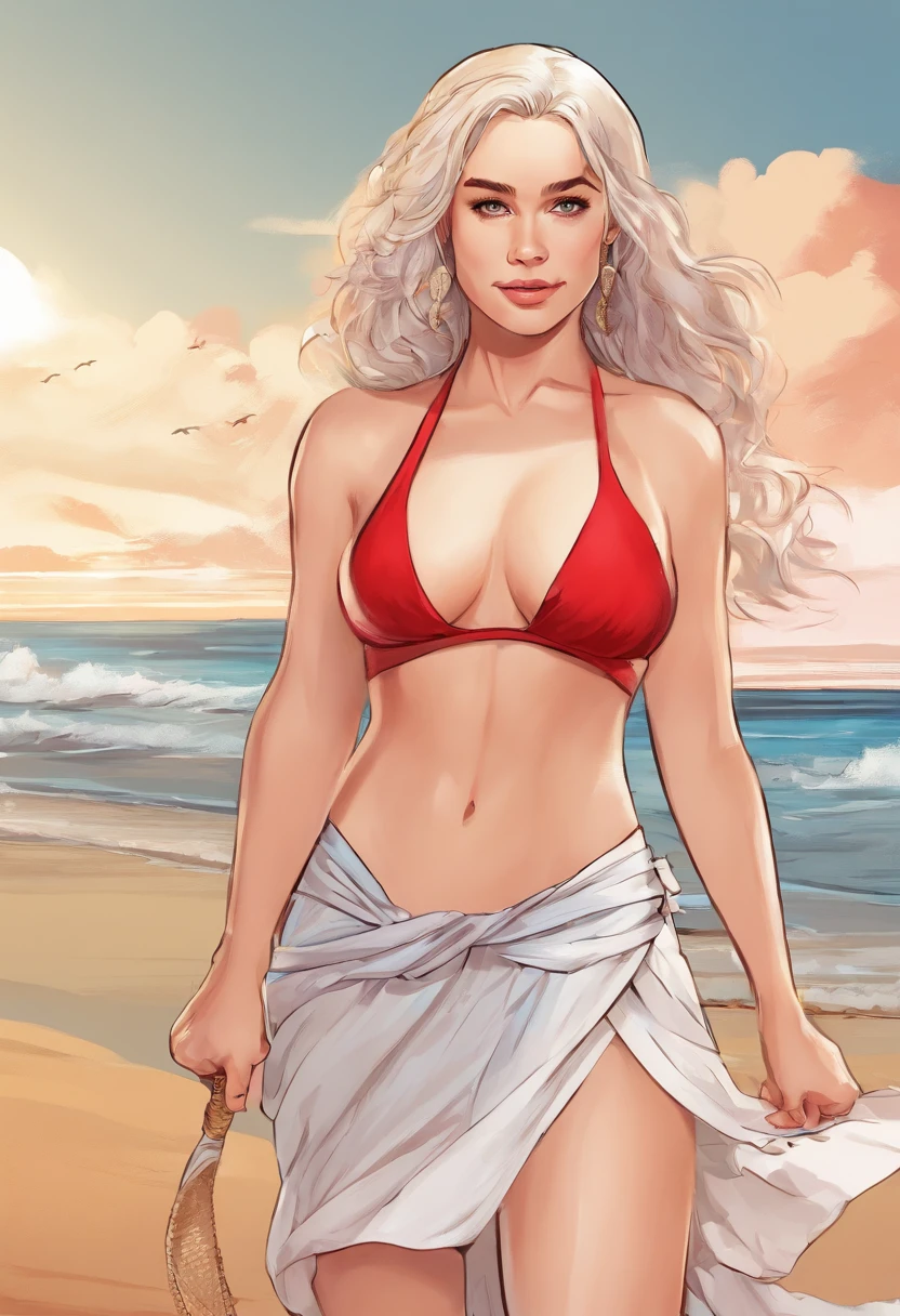 Emilia Clarke in the beach,red bikini, big breast, masterpiece, realistic