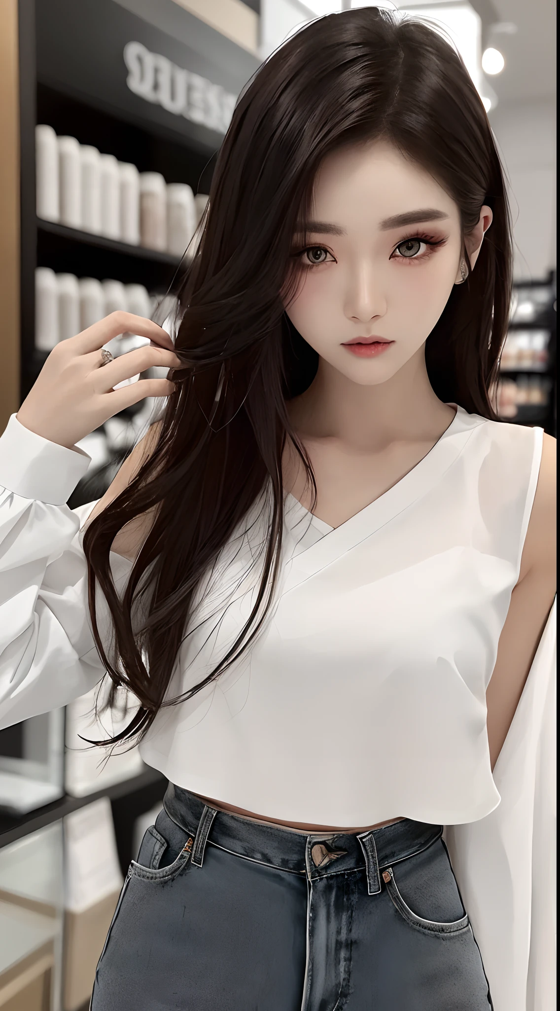 masterpiece、top-quality)、1 beutiful girl、Slim body、((Black and white plain clothes:1.1))、(Detailed beautiful eyes)、Walk around the store、((Boyish Brown Shorthair))、((Smaller face))、((Light brown eyes))、((Korean Girl))、((cool lady))、((Wild look))、((Korean Makeup))、((elongated and sharp eyes))、((Dating))、((looking distantly))、((boyish))