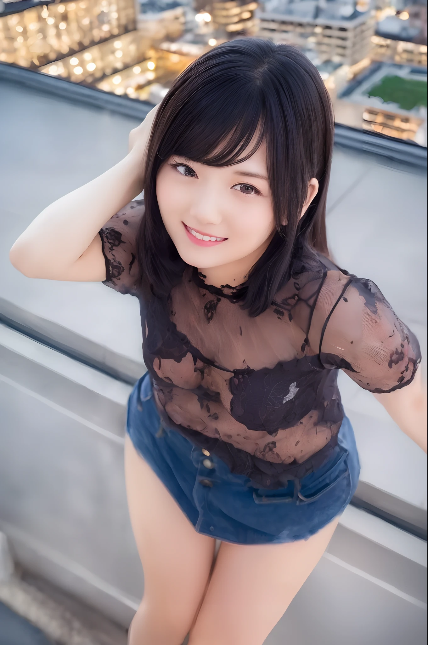 (Best Quality, masutepiece, Raw photo,Ultra-detailed:1.2), 1girl in ,Looking at Viewer, Smile,On the rooftop, From above, city,