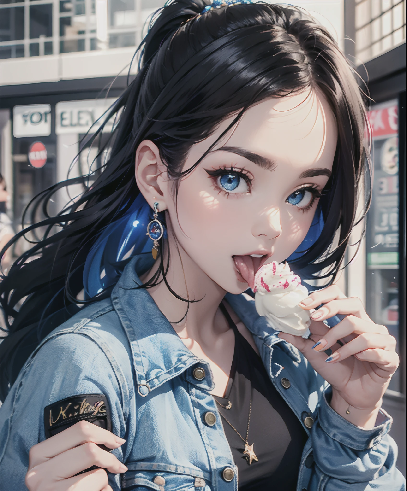 extremamente detalhada obra-prima, alta qualidade, Portrait of a girl with blue eyes and black hair sucking ice cream