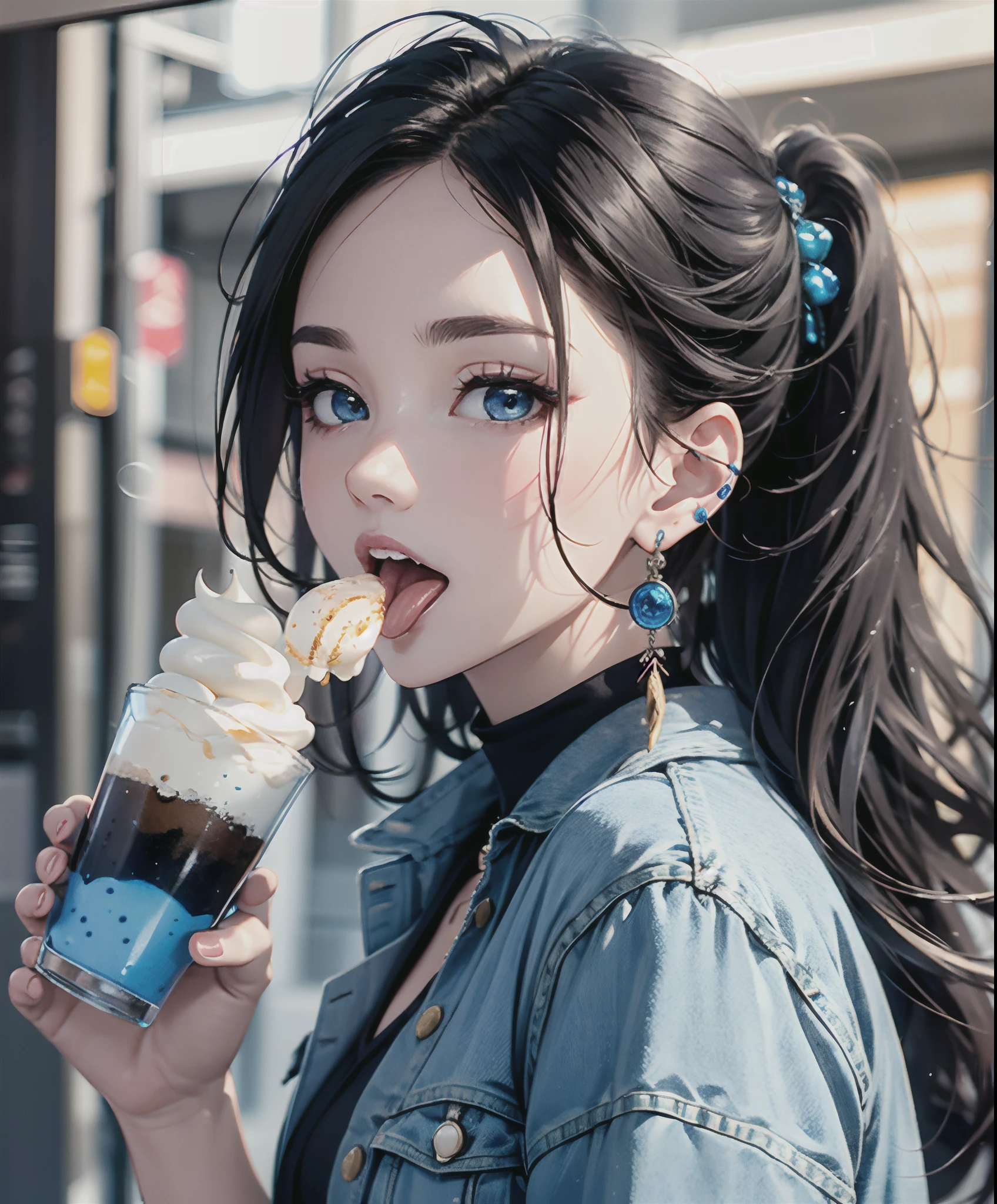 The Masterpiece、Realstic、best qulaity、Squint、Beautiful woman licking up a large soft-serve ice cream with her tongue、photorealestic, ponytail black hair, blue eyes, wearing a black dream catcher earring and blue gown and jean jacket, 8k