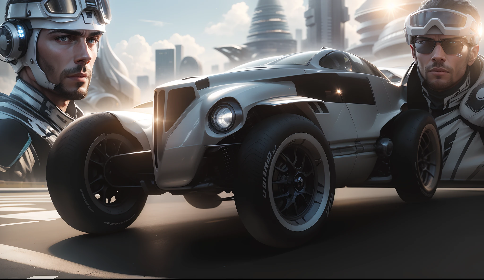 A futuristic metallic grey race car in the foreground, behind a driver in racing clothes from the future and next door a driver also in futuristic clothes, In the background a futuristic city with sun shining reflecting on the futuristic buildings